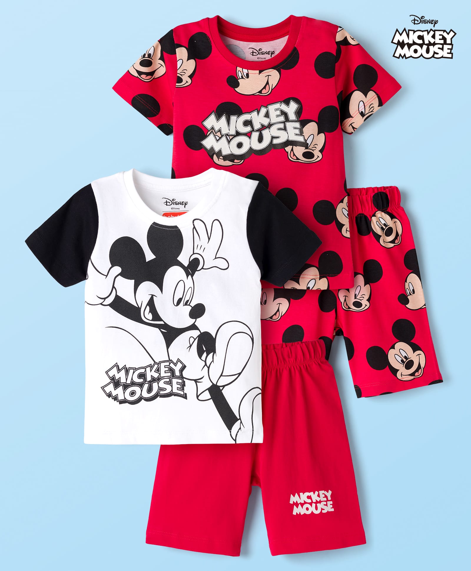 Babyhug Disney Single Jersey Knit Half Sleeves T-Shirts & Shorts Sets With Mickey Mouse Graphic Pack of 2 - Multicolor-image-18