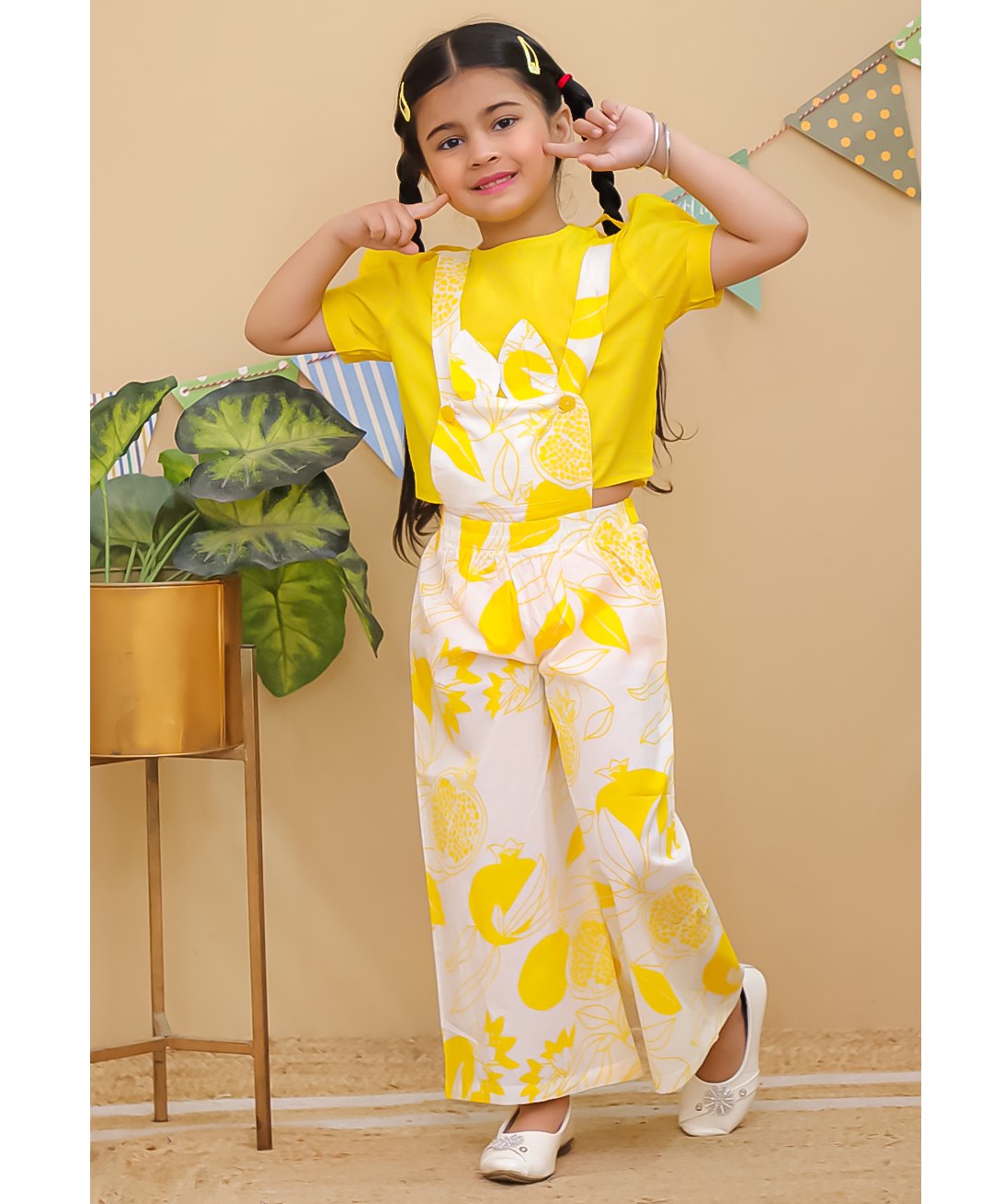 AJ Dezines Cotton Woven Pomegranate & Leaves Printed Dungaree With Half Puffed Sleeves Top Set - Yellow-picture-23