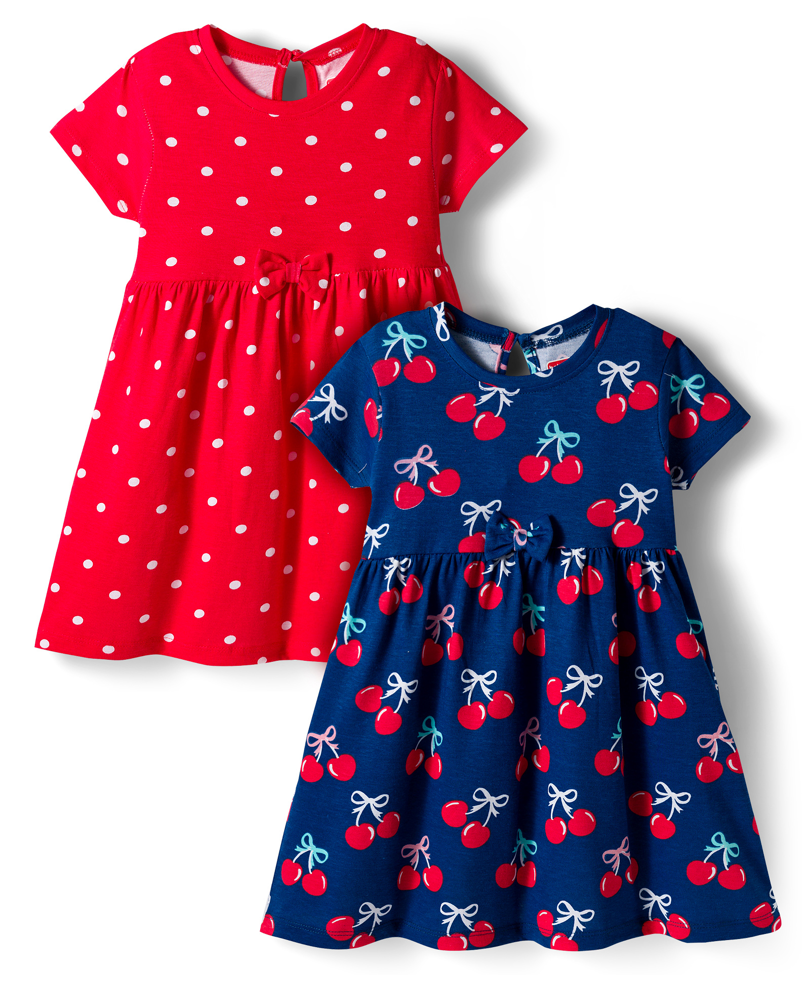Babyhug Single Jersey Knit Half Sleeves Frock With Polka Dots & Cherry Print Pack Of 2 - Red & Navy Blue-picture-18