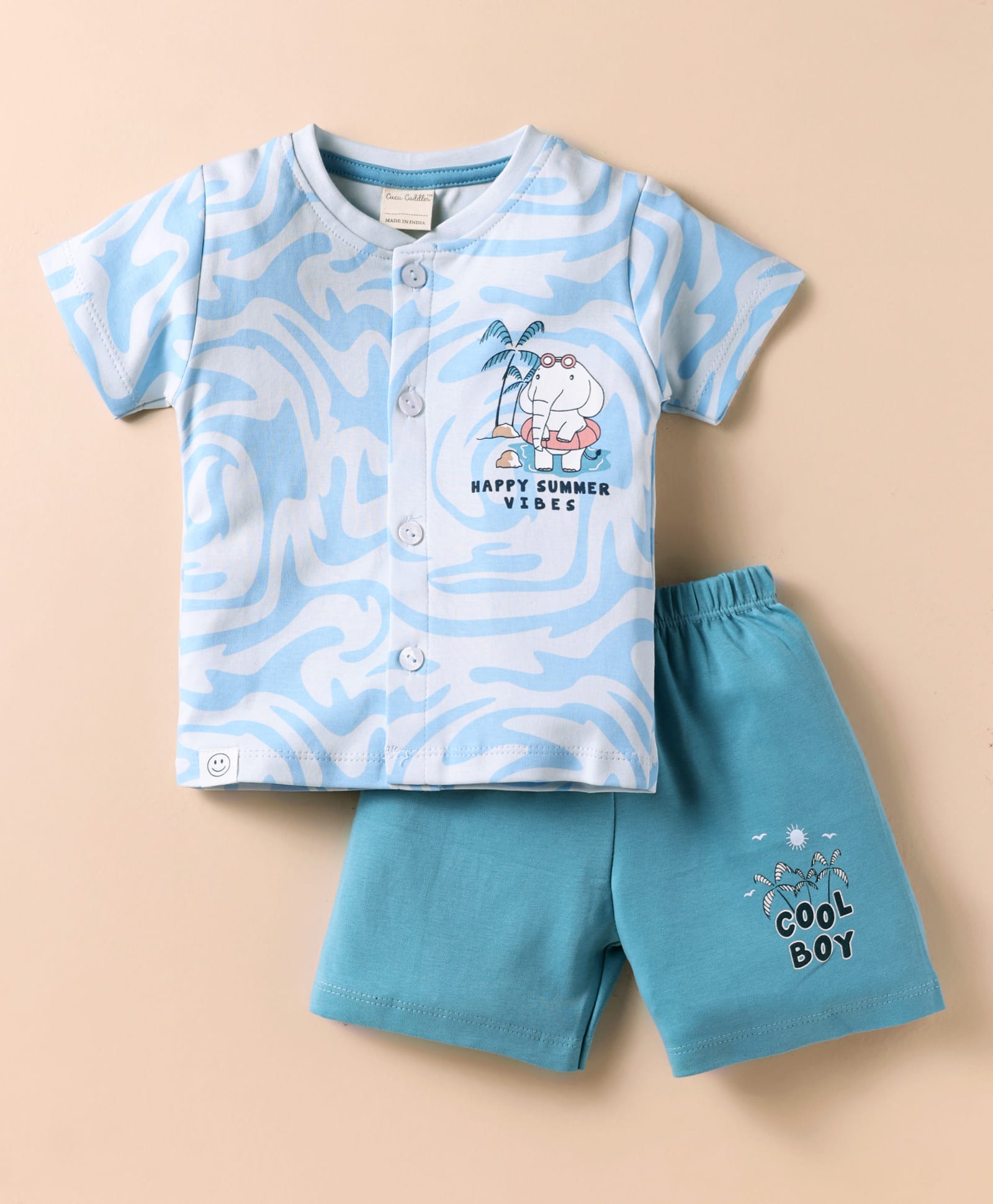 CUCUMBER Sinker Knit Half Sleeves Shorts Night Suit With Abstract & Beach Theme Print - Light Blue-picture-29