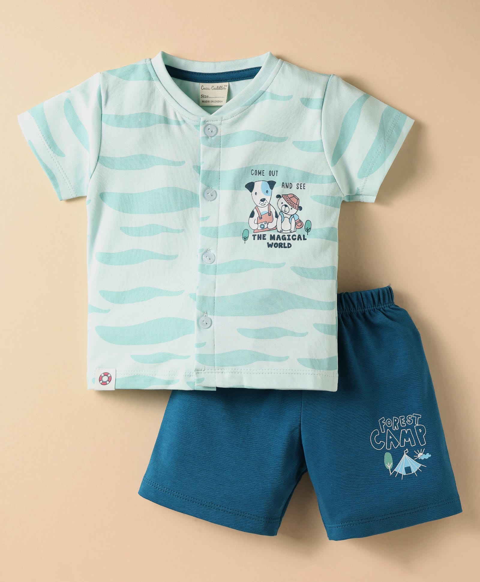 CUCUMBER Sinker Knit Half Sleeves Shorts Night Suit with Animal Print - Aqua Blue-picture-40