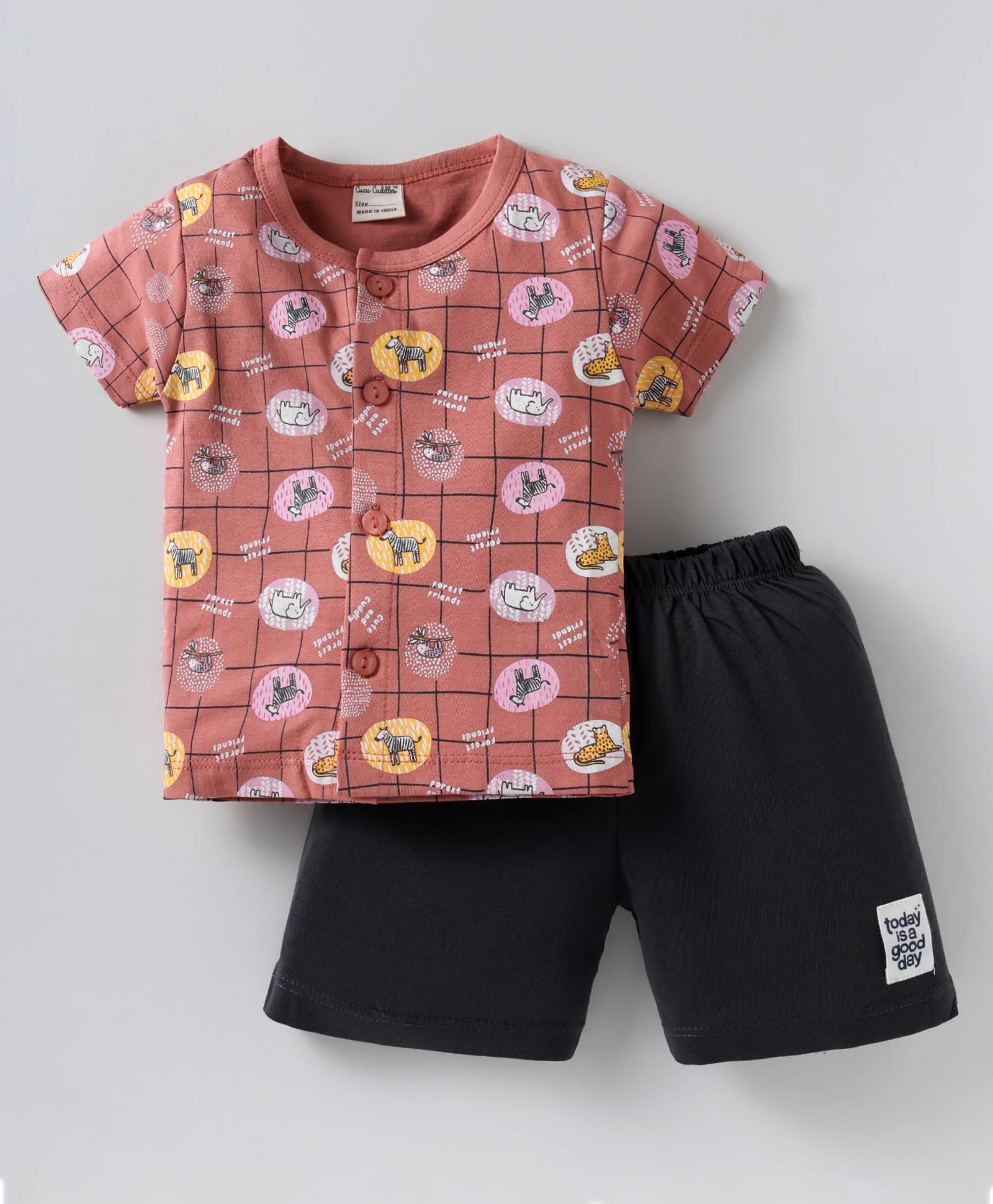 CUCUMBER Sinker Knit Half Sleeves Front Open Shorts Night Suit with Animal Print - Rust Orange-image-15