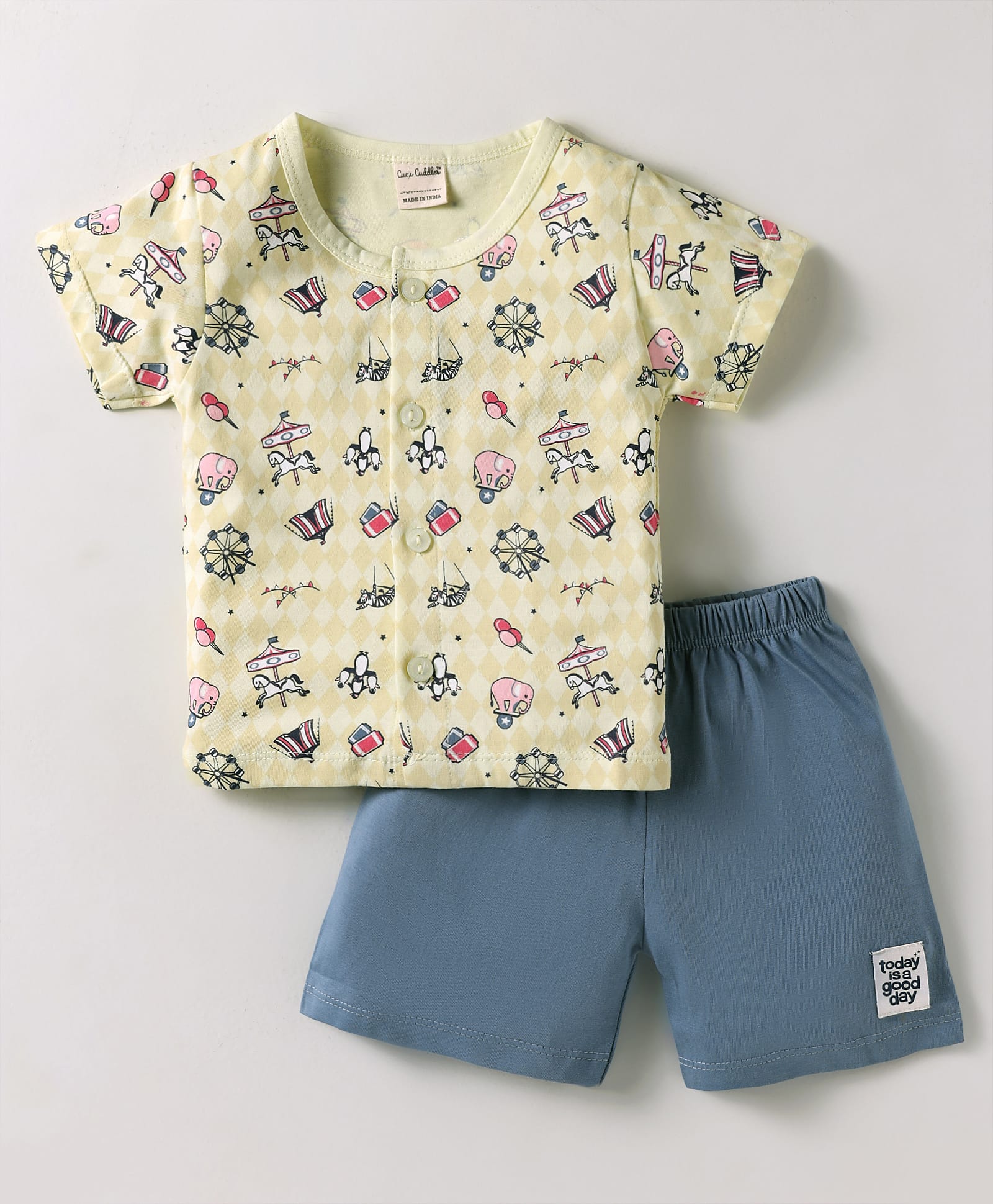 CUCUMBER Sinker Knit Half Sleeves Shorts Night Suit with Circus Theme Print - Cream-picture-39