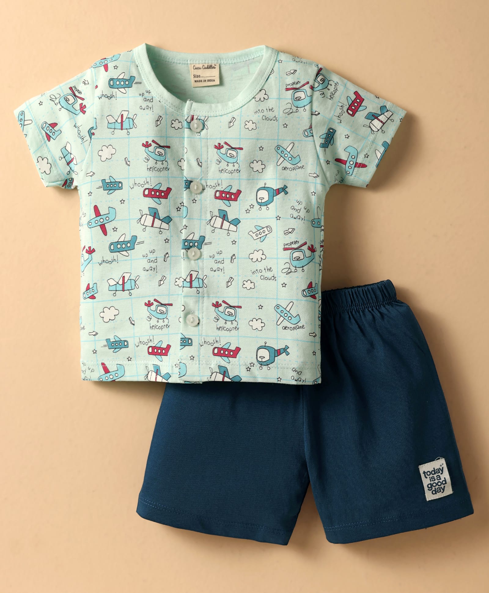 CUCUMBER Sinker Knit Half Sleeves Front Open Shorts Night Suit with Airplane Print - Light Blue-image-10