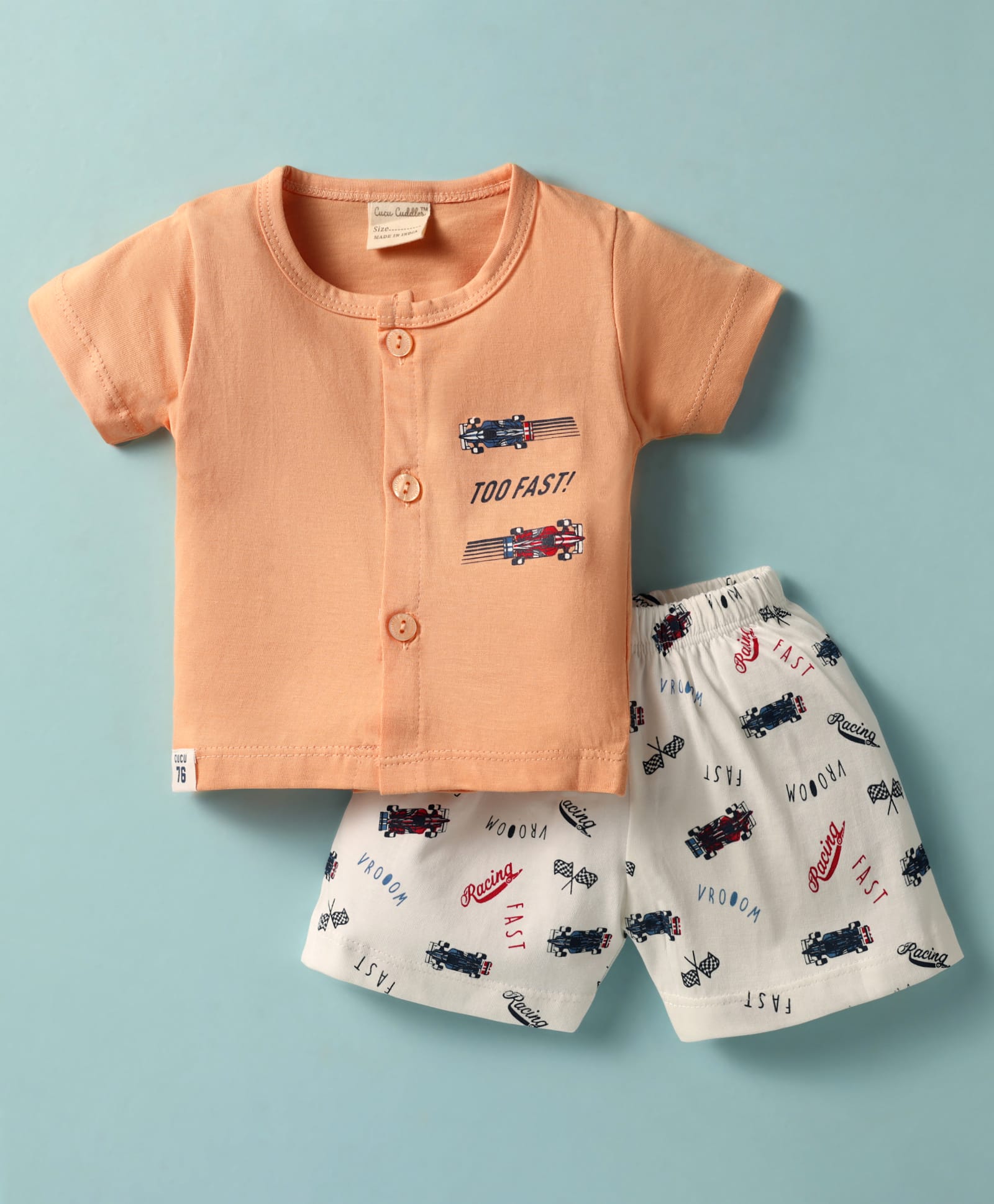 CUCUMBER Sinker Knit Half Sleeves Front Open Shorts Night Suit with Racing Theme Print - Peach-image-15
