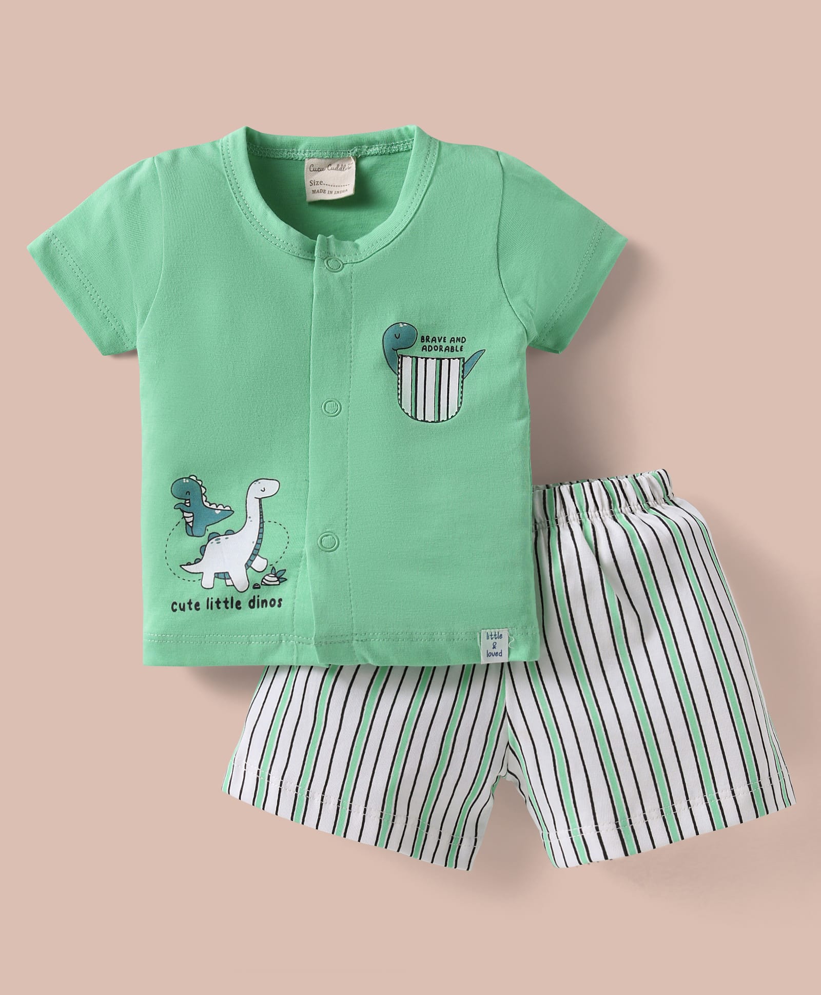CUCUMBER Sinker Knit Half Sleeves Front Open Shorts Night Suit with Dino Print & Stripes - Mint-image-16