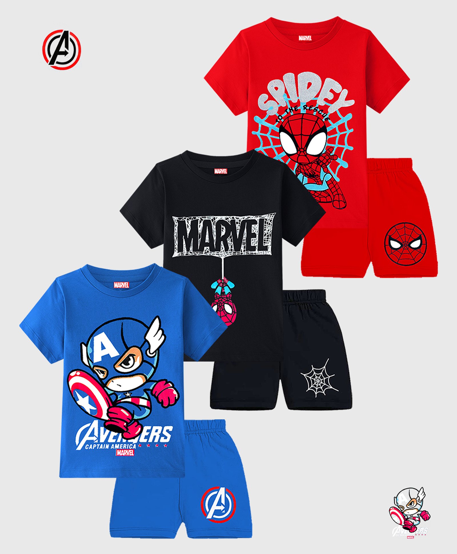 KUCHIPOO Cotton Knit Pack Of 3 Half Sleeves Marvel Featuring Half Sleeves Characters Printed Tees & Shorts Set - Red Black & Blue-image-43