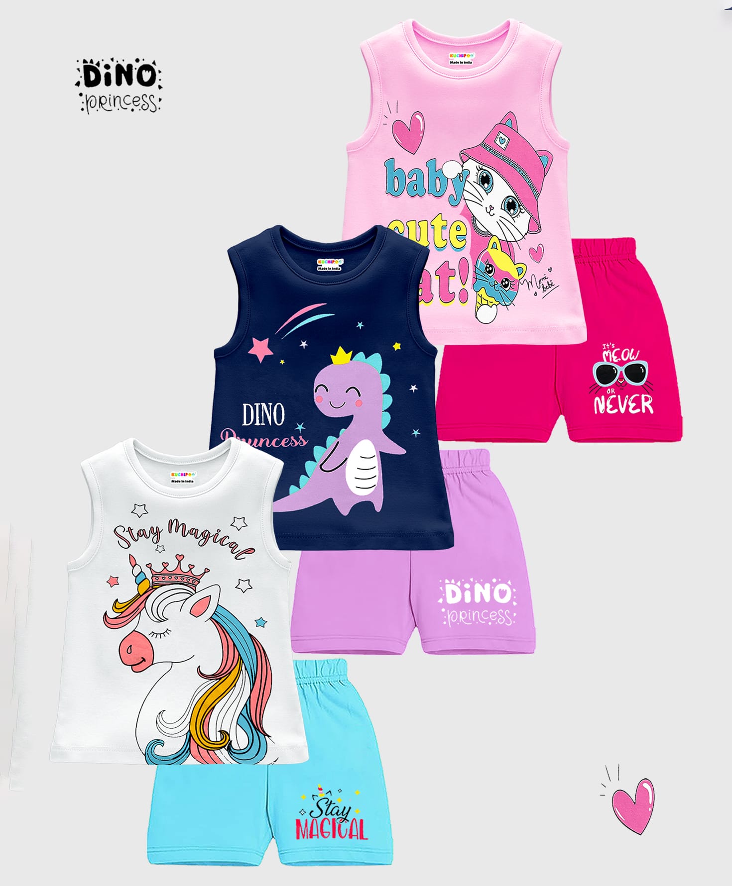 KUCHIPOO Cotton Knit Pack Of 3 Sleeveless Baby Cat & Unicorn Printed Tees & Shorts Set - White Pink Lilac Navy Blue & Magenta-picture-36