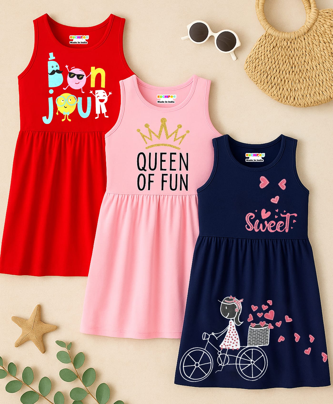 KUCHIPOO Cotton Knit Pack Of 3 Sleeveless Hearts & Typography Printed Dresses - Red Navy Blue & Pink-image-29