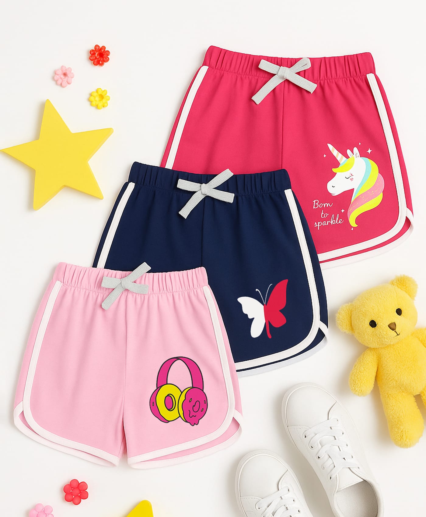 KUCHIPOO Cotton Pack Of 3 Butterfly & Unicorn Printed Side Taped Shorts - Pink Navy Blue & Dark Red-picture-35