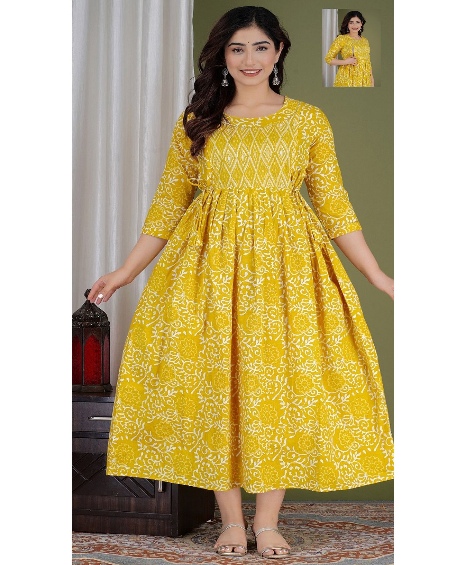 NEVISHA STYLE Cotton Woven Three Fourth Sleeves Floral Printed Maternity Kurta With Side Zipper Nursing Access - Yellow-picture-18