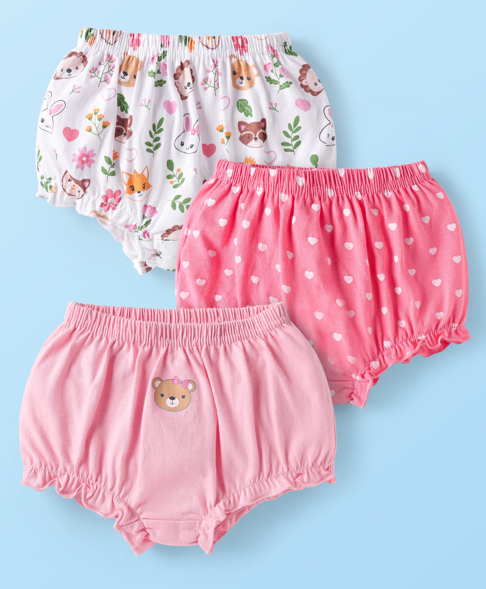 Babyhug 100% Cotton Antibacterial Bloomers With Animals & Hearts Print Pack Of 3 - Multi Colour-picture-24