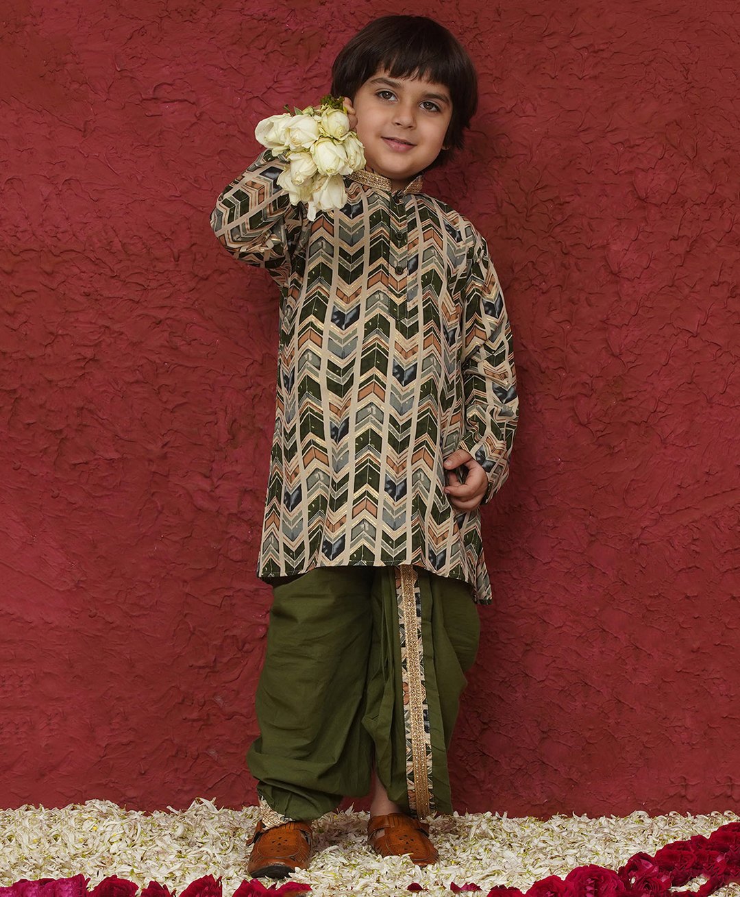 AJ Dezines Cotton Woven Full Sleeves Abstract Printed & Gota Lace Embellished Kurta & Dhoti Set - Green-picture-10