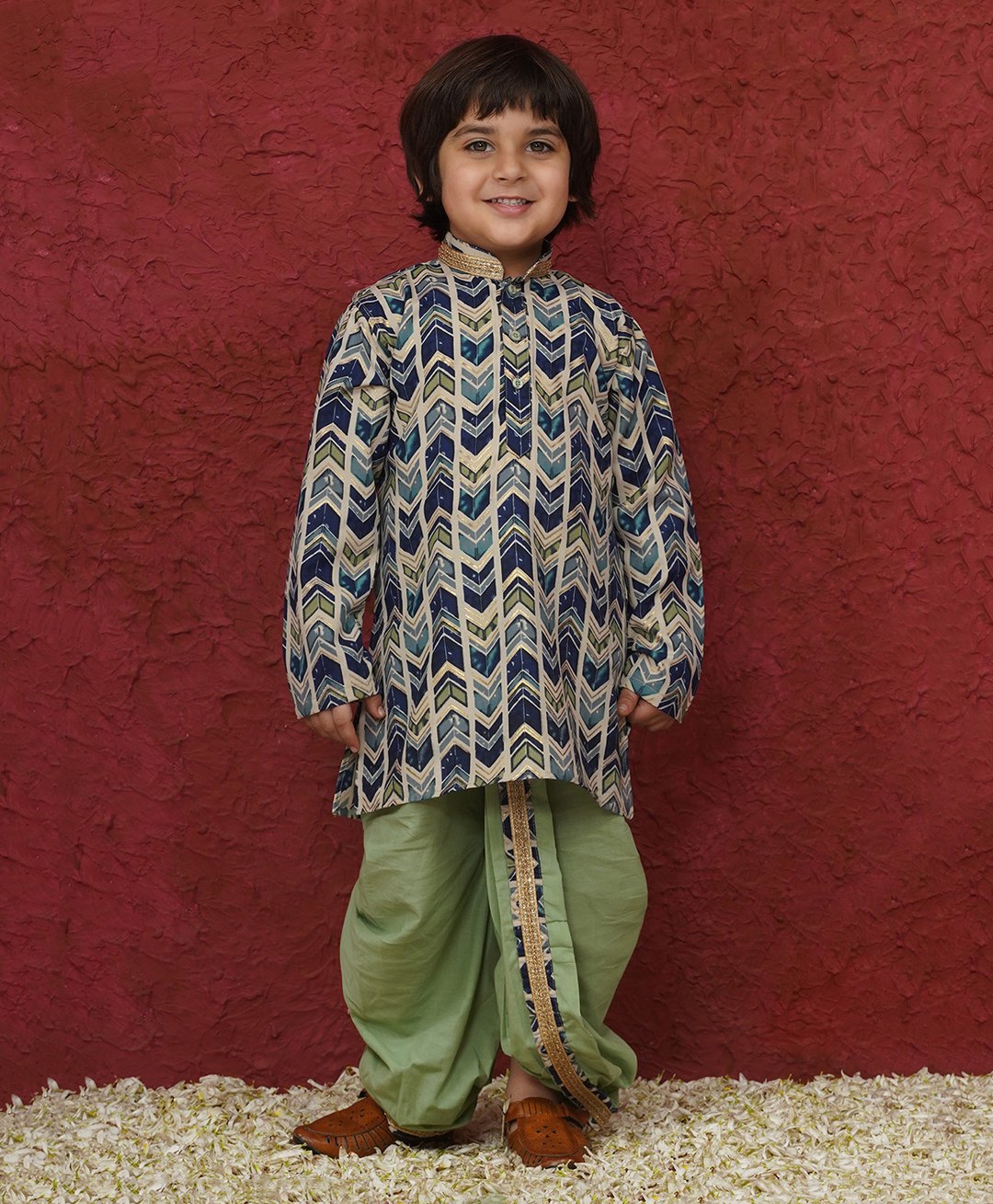 AJ Dezines Cotton Woven Full Sleeves Abstract Printed & Gota Lace Embellished Kurta & Dhoti Set - Pista-image-24