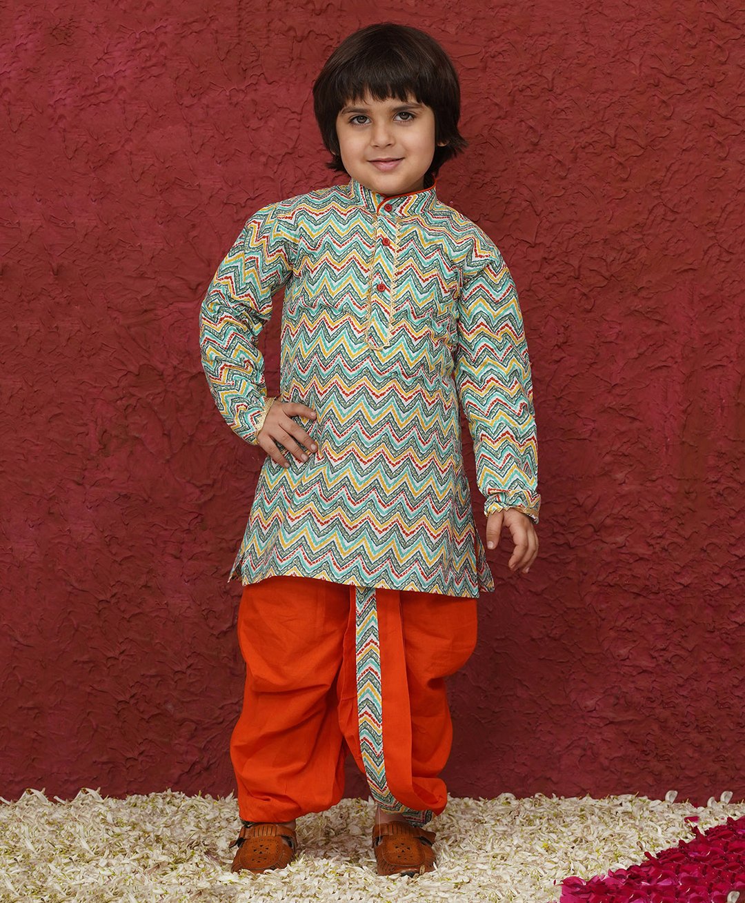 AJ Dezines Cotton Woven Full Sleeves Chevron Printed Kurta & Coordinating Dhoti Set - Orange-picture-31