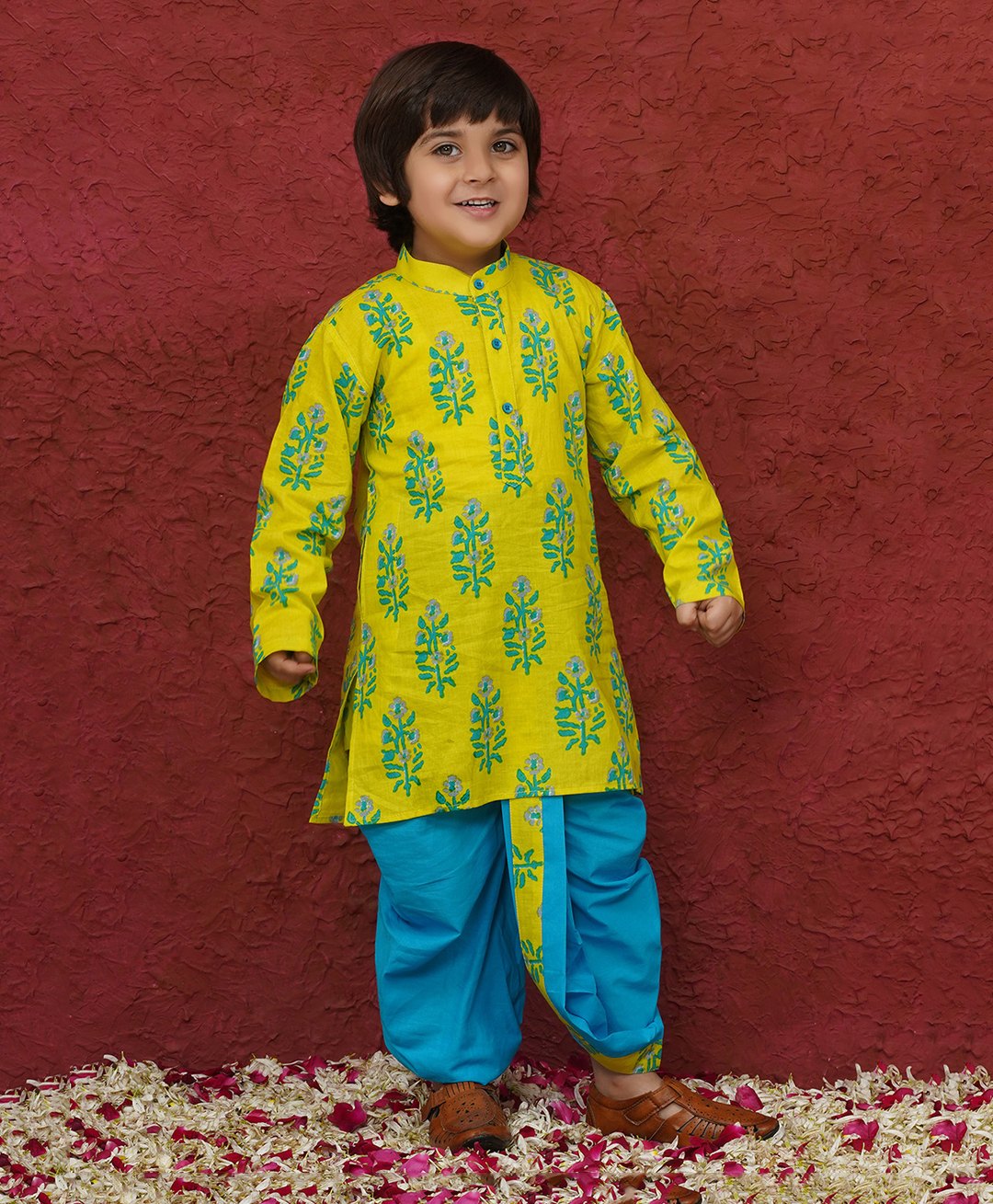 AJ Dezines Cotton Woven Full Sleeves Floral Motifs Printed Kurta & Dhoti Set - Green Blue & Yellow-picture-6