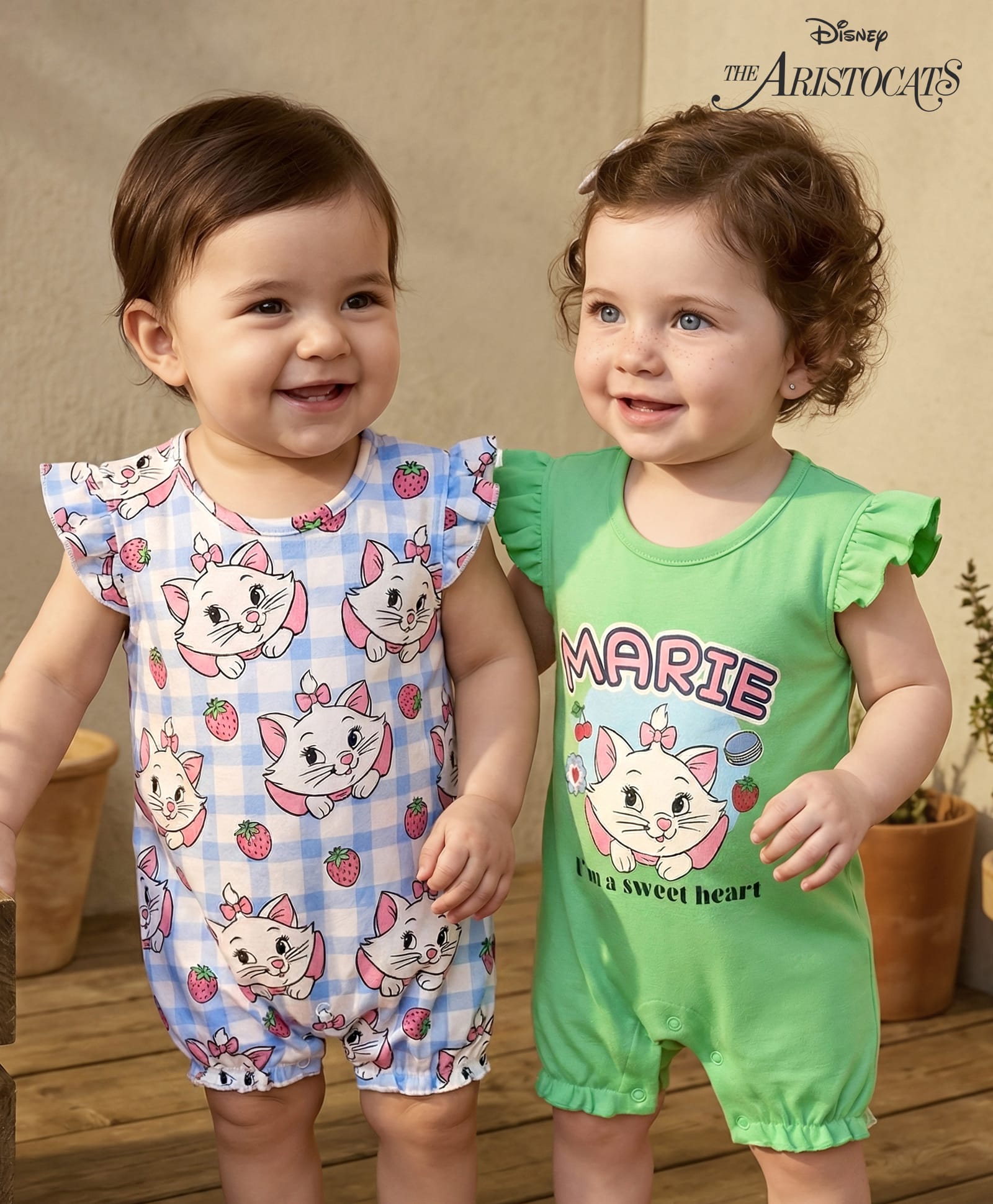 Babyhug Disney 100% Cotton Frill Sleeves Rompers With Aristocats Marie Graphics Pack Of 2 - Light Green & Blue-picture-18
