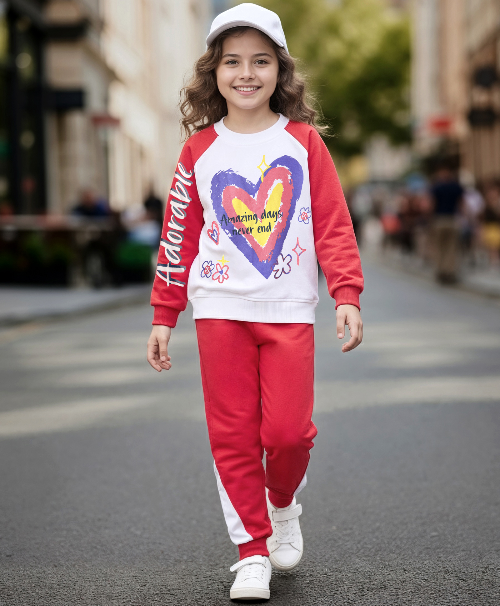 OLLINGTON ST. Cotton Knit Full Raglan Sleeves Heart Printed Sweatshirts & Knit Joggers Set - Multicolor & Red