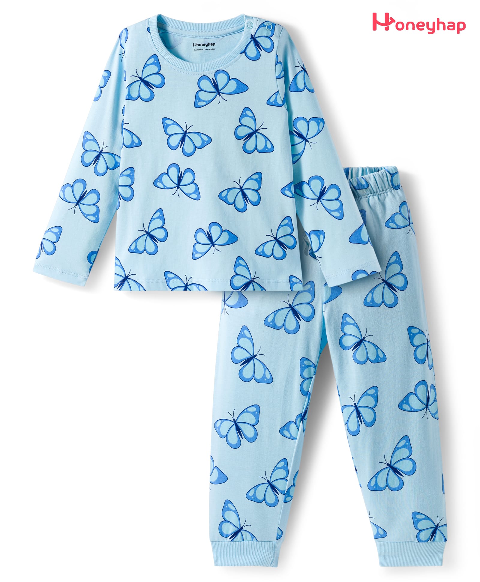Honeyhap Premium 100% Cotton Knit Full Sleeves Co-ords Night Suit With Bio Finish & Butterfly Print - Ice Water-image-0