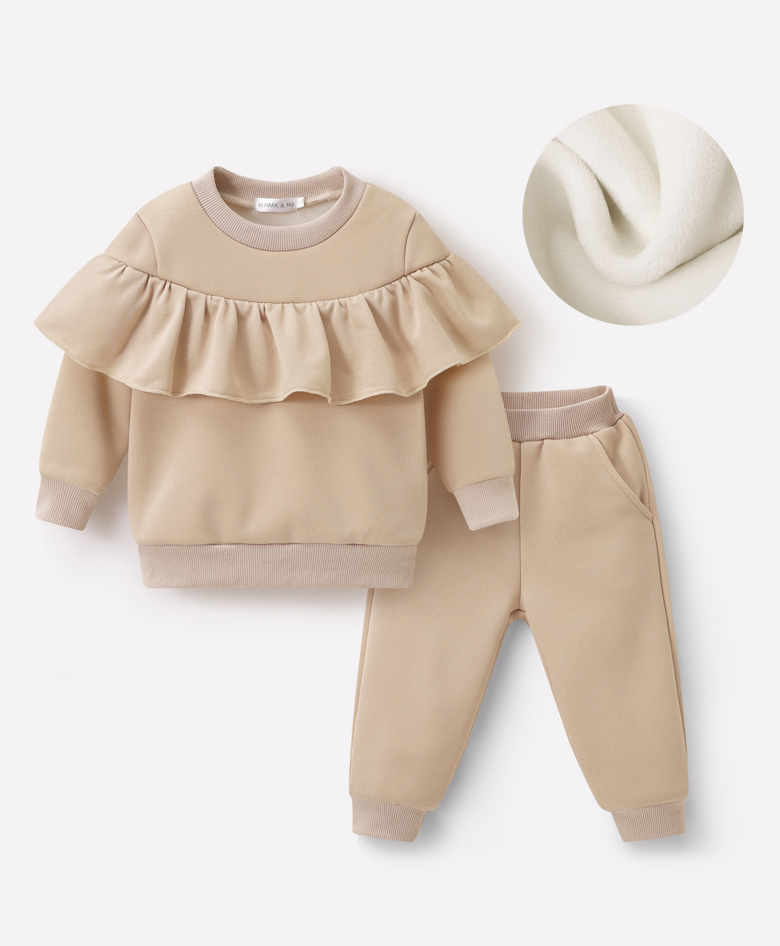 Mark & Mia Full Sleeves Solid Color Winter Wear Sweatshirt & Lounge Pant Set with Frill Detailing - Beige-image-33