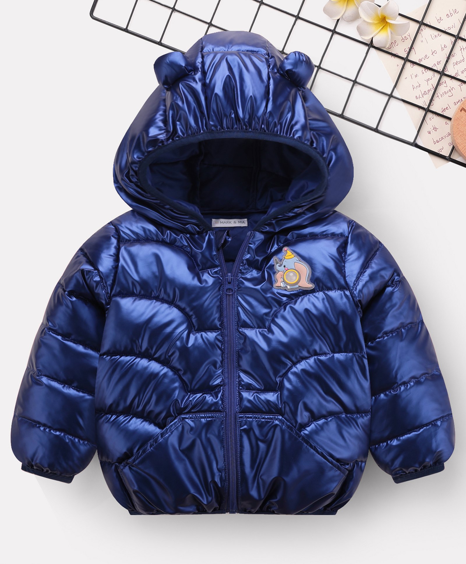 Mark & Mia Full Sleeves Solid Coloured Padded Hooded Jacket With Elephant Patch & Kangaroo Pockets - Navy Blue-image-23