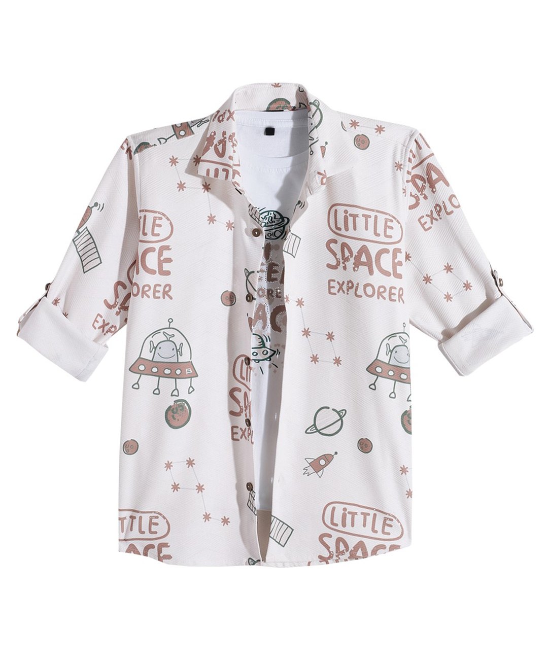 CAVIO Cotton Blend Woven Full Sleeves Space Theme Printed Shirt With Inner Tee Set - Cream-picture-23
