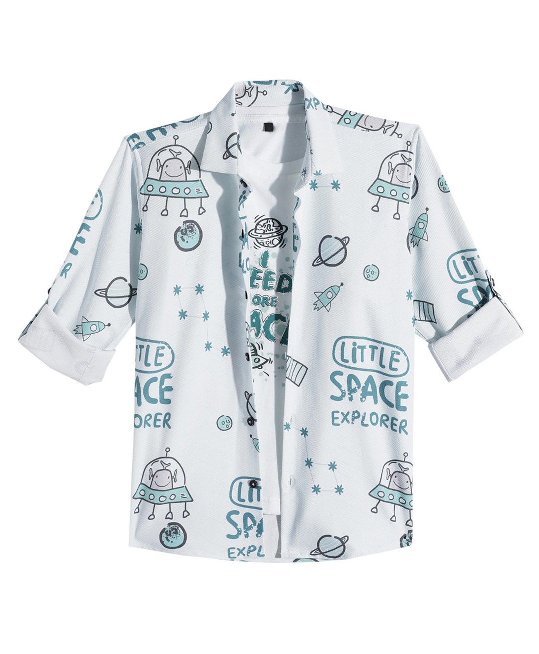 CAVIO Cotton Blend Woven Full Sleeves Space Theme Printed Shirt With Inner Tee Set - Sea Green-picture-22