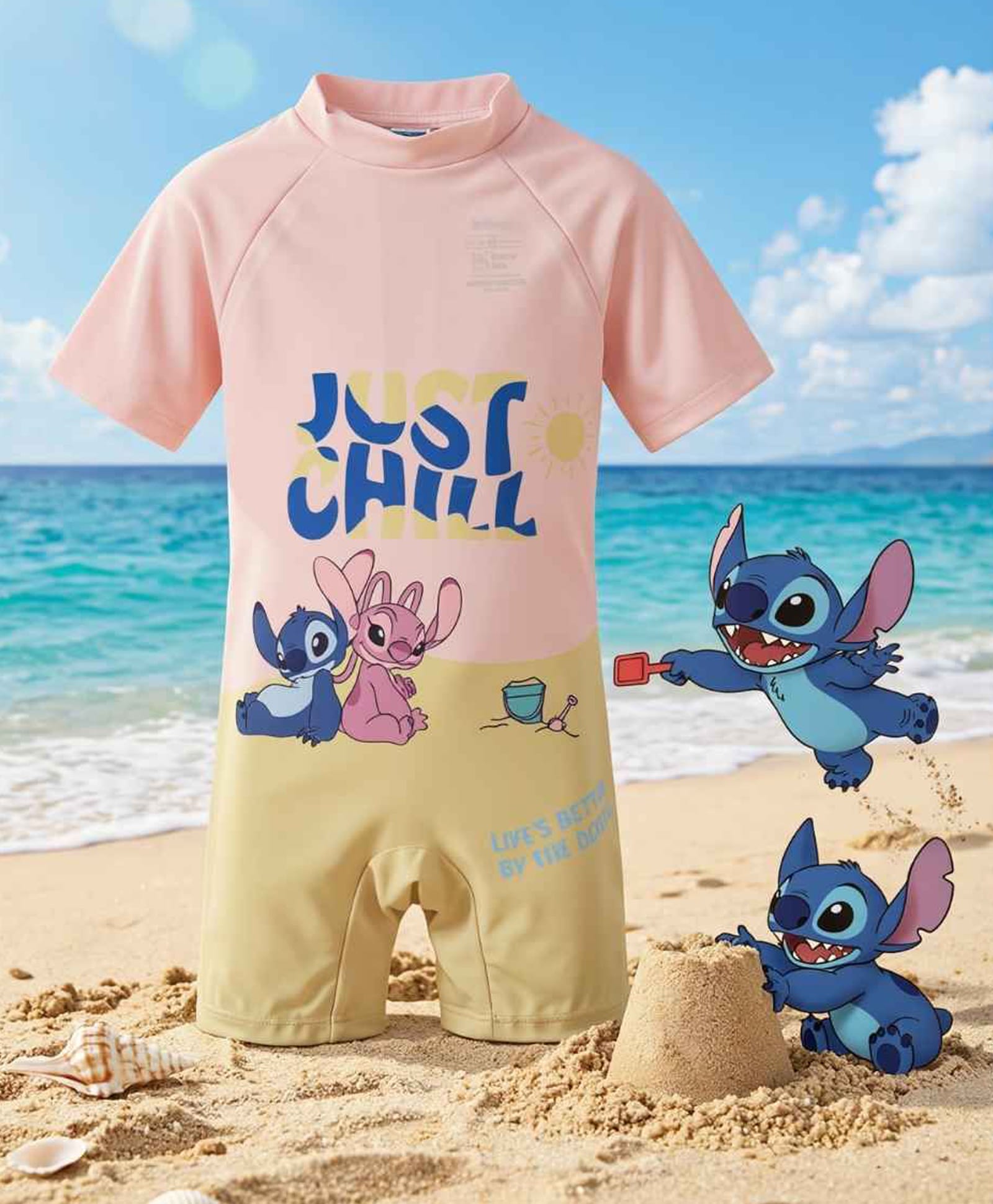 Disney by Yellow Bee Lilo & Stitch Featuring Half Sleeves Characters Printed Swimsuit - Pink & Yellow-picture-32