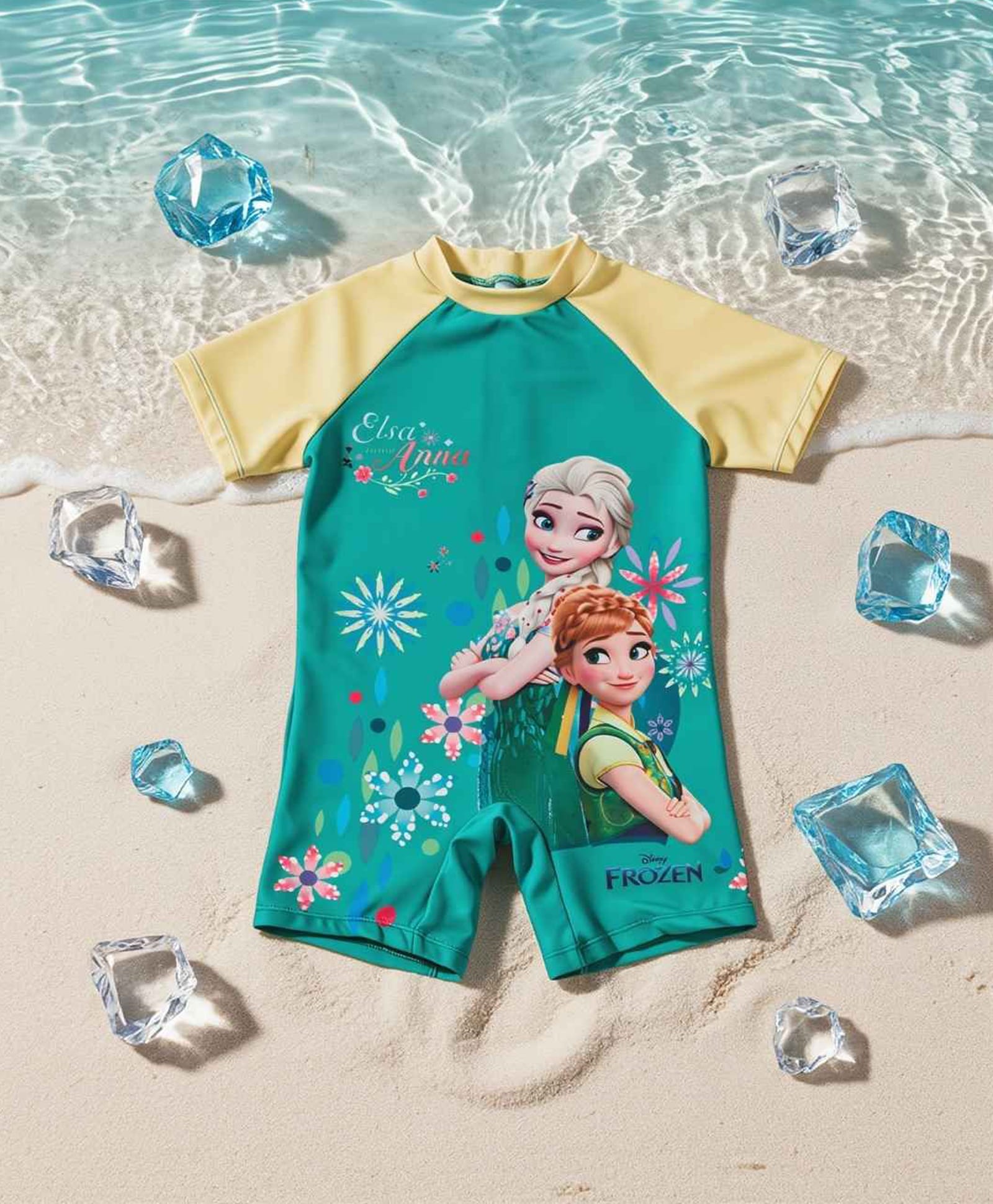 Disney by Yellow Bee Half Raglan Sleeves Elsa & Anna Printed Legged Swimsuit - Green & Yellow-picture-39