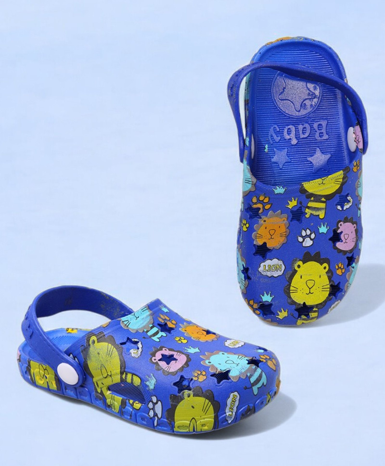 Yellow Bee Lion Designed Perforated Slingback Clogs - Blue-picture-16