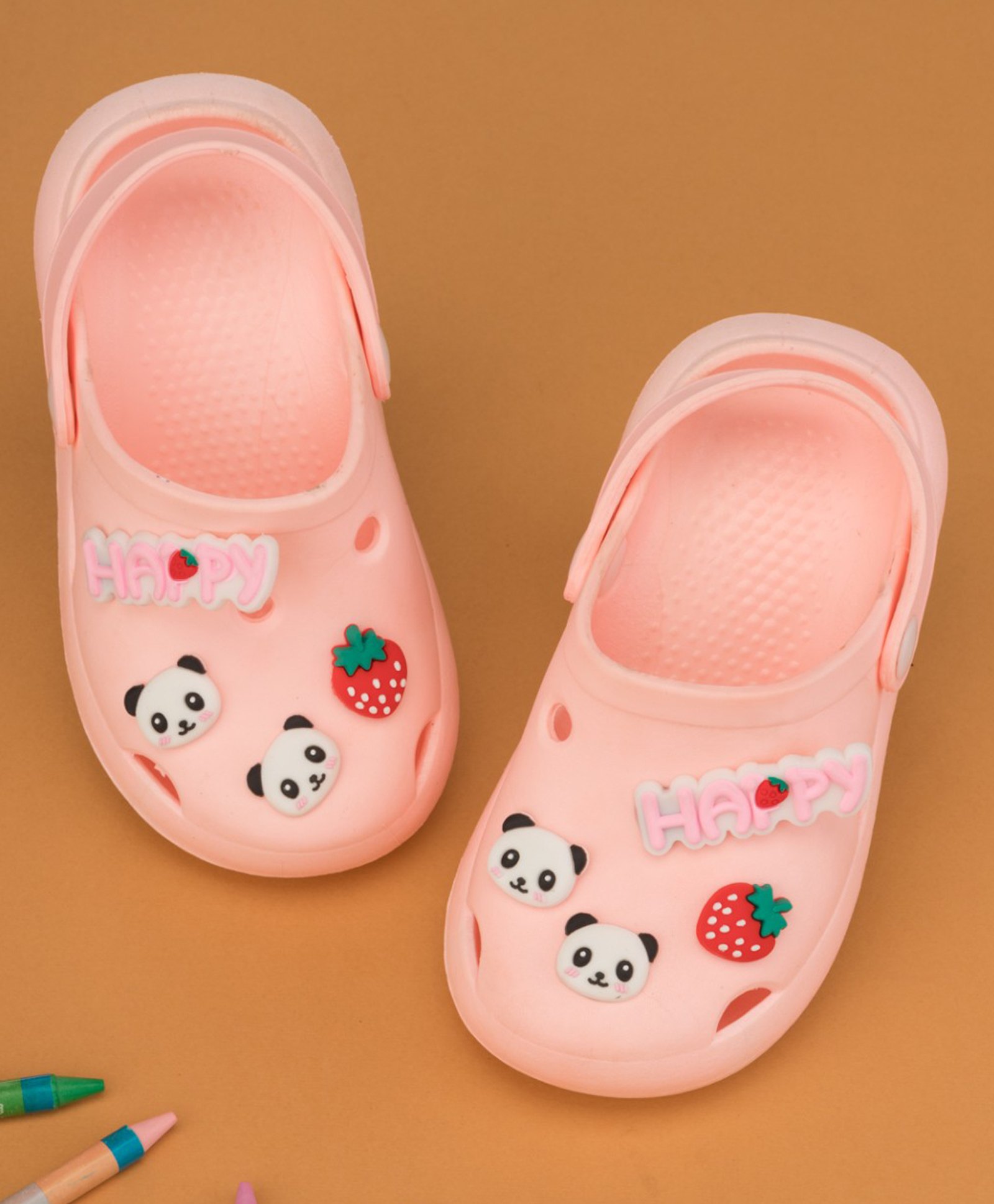 Yellow Bee Baby Panda & Strawberry Applique Detailed Perforated Slingback Clogs - Pink-image-42