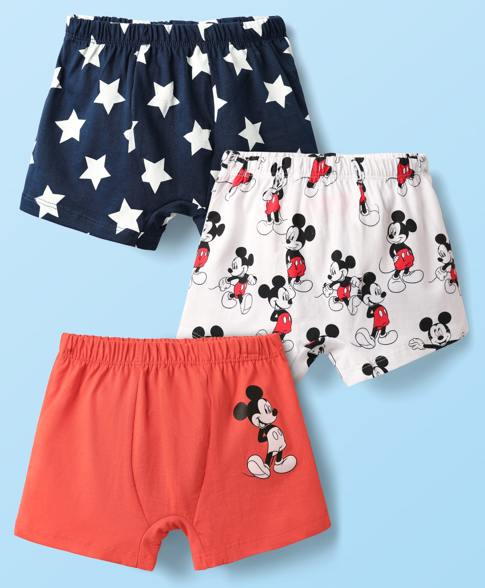 Babyhug 100% Cotton Mid Thigh Trunks With Mickey Mouse Graphics Pack Of 3 - Navy Blue White & Light Red-image-48