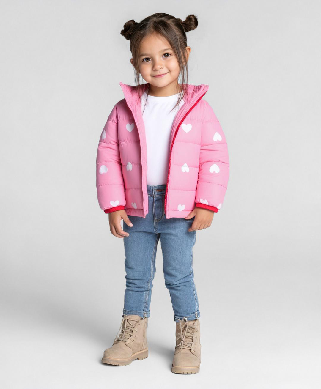 Bonfino Woven Full Sleeves High Neck Padded Jackets With Heart Print - Pink-image-41