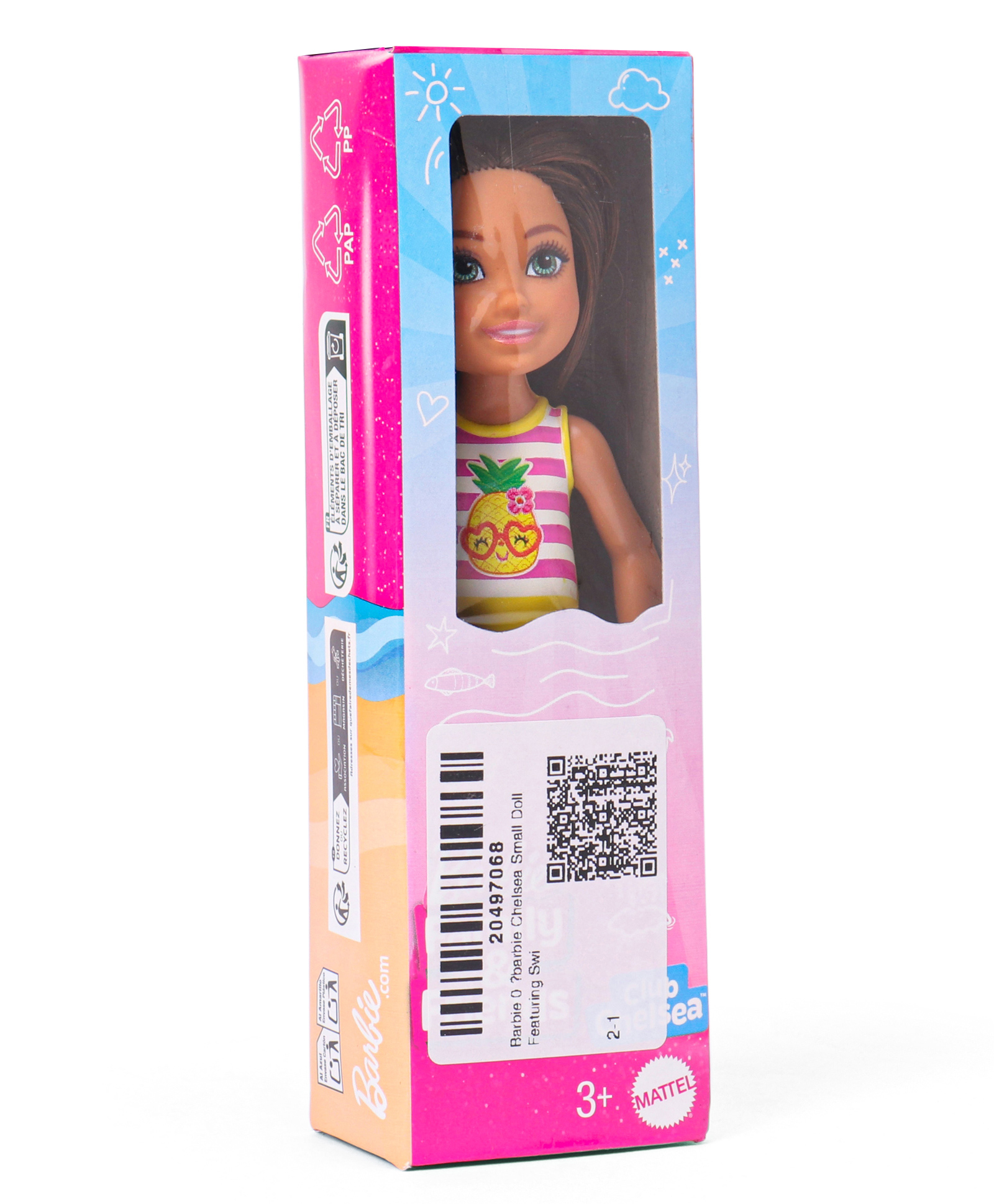 Barbie Chelsea Small Doll Featuring Swimsuit with Pineapple Graphic & Stripes, Brown Hair & Green Eyes Yellow - Height 15 cm-picture-28