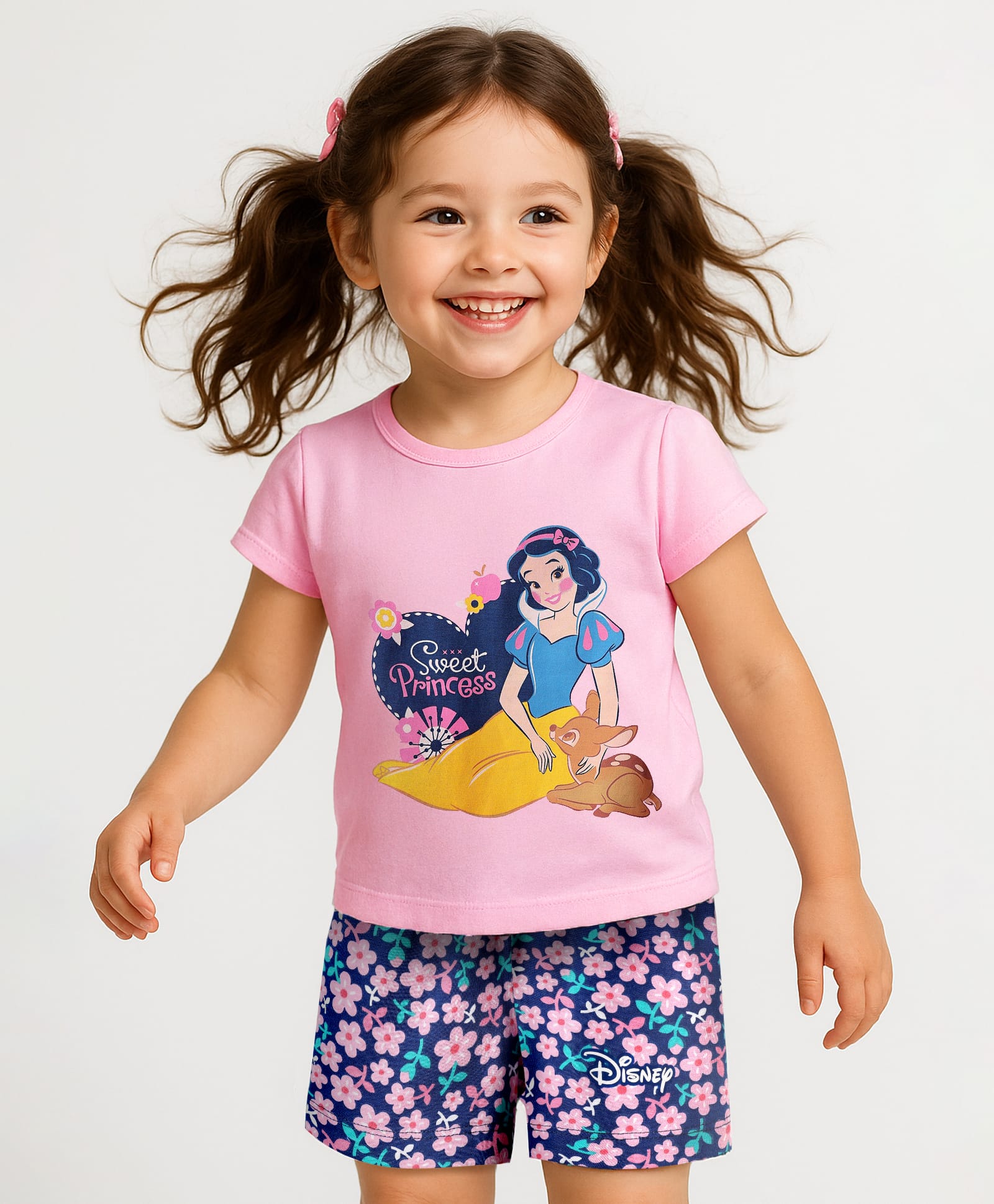 Babyhug Disney 100% Cotton Half Sleeves Shorts Night Suit With Snow White Graphic - Pink & Navy Blue-picture-14