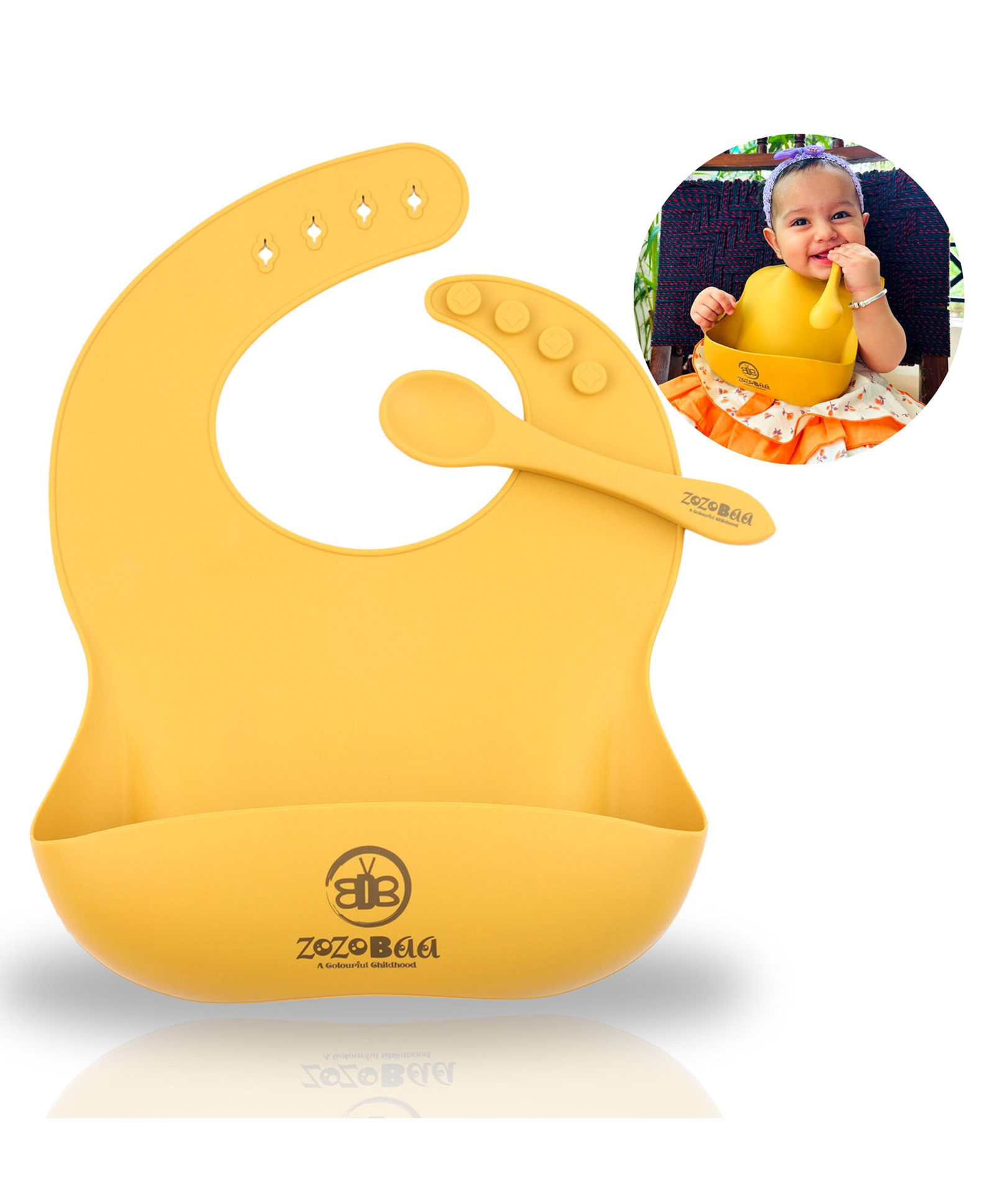 ZoZoBaa Silicone Baby Bib with Easy Grip Spoon For Feeding Toddlers|Waterproof & Reusable Bib with button for Infants |Soft, Light Weight, BPA Free, 2 Set, Mango Yellow-picture-11