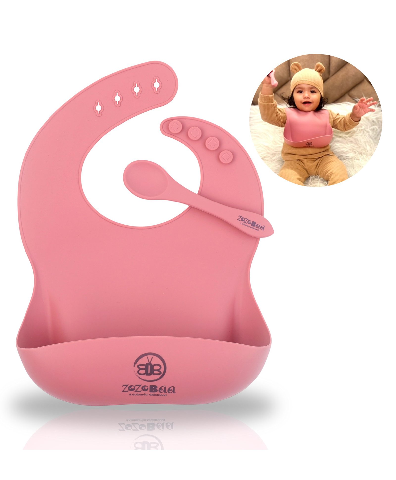 ZoZoBaa Silicone Baby Bib with Easy Grip Spoon For Feeding Toddlers|Waterproof & Reusable Bib with button for Infants |Soft, Light Weight, BPA Free, 1 Set, Dark Red-image-36