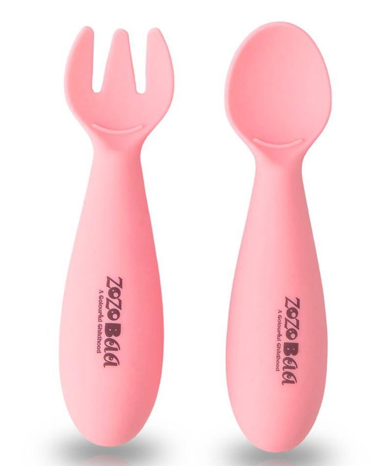 ZoZoBaa Baby Weaning Spoon & Fork Set, Chewable Silicone Utensils for Training Infants, Baby Led Self Feeding, 6 M+| Gum Friendly, BPA Free, Dishwasher Safe, Unbreakable, 1 Pair, Light Pink-image-11