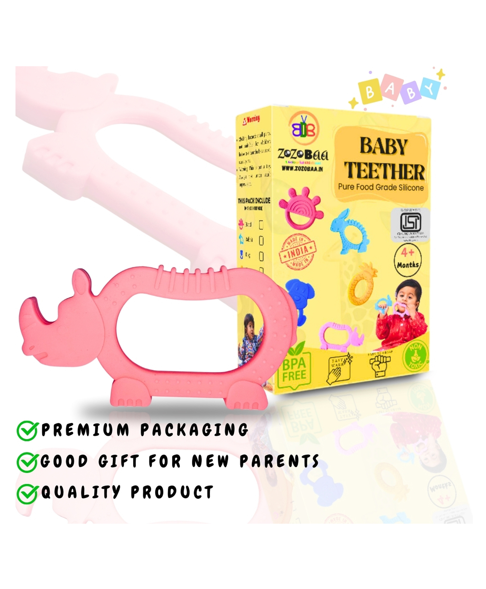 ZoZoBaa Cute Rhino Shape Soft Silicone Teether for Baby Gums, Teething Toys for Babies, BPA Free, Pain-Relief, Non-Toxic, 100% Food Grade, Soothing & Smooth Edges Easy to Grasp Chewable- (Pack of 1)-image-33