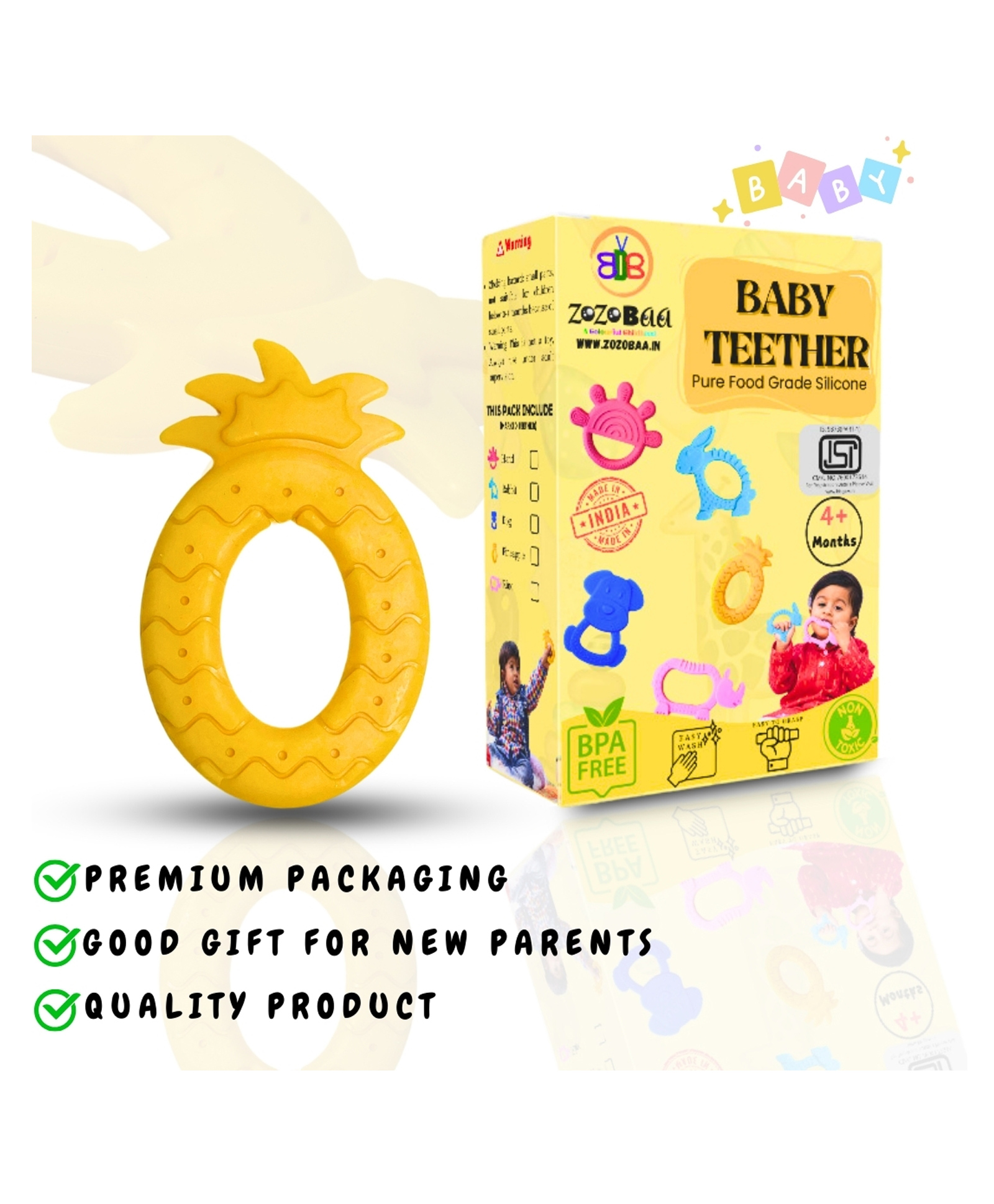 ZoZoBaa Pineapple Shape Soft Silicone Teether for Baby Gums, Teething Toys for Babies, BPA Free, Pain-Relief, Non-Toxic, 100% Food Grade, Soothing & Smooth Edges Easy to Grasp Chewable- (Pack of 1)-image-8