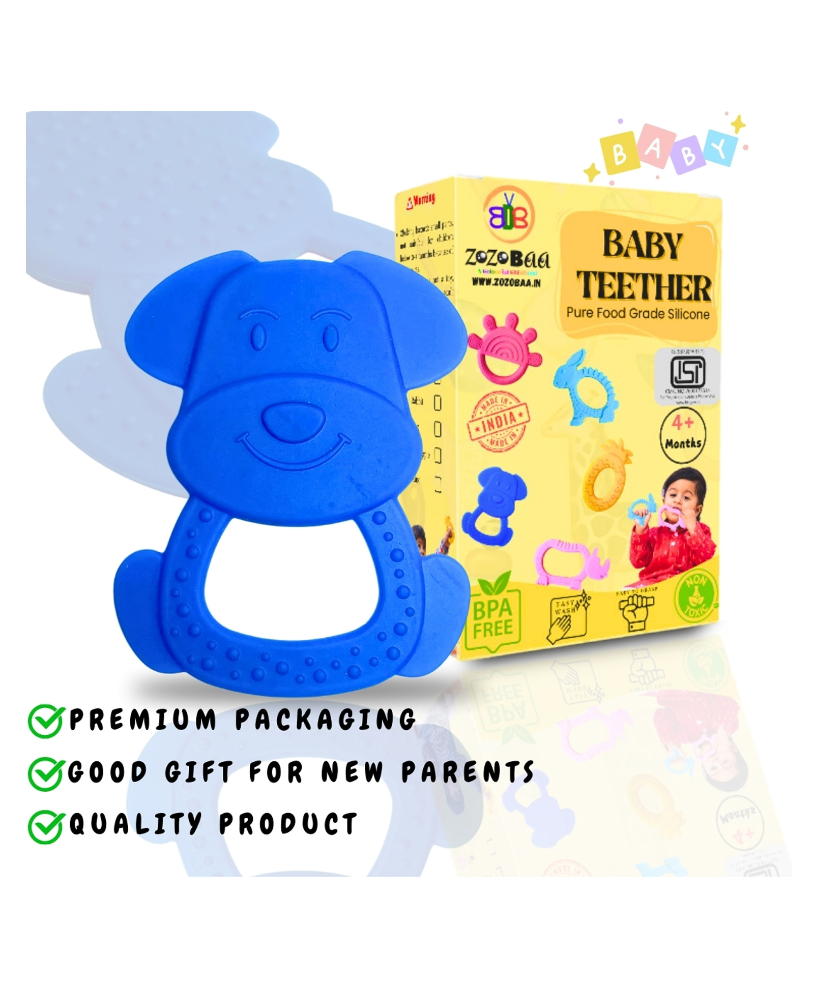 ZoZoBaa Cute Dog Shape Soft Silicone Teether for Baby Gums, Teething Toys for Babies, BPA Free, Pain-Relief, Non-Toxic, 100% Food Grade, Soothing & Smooth Edges Easy to Grasp Chewable- (Pack of 1)-image-4