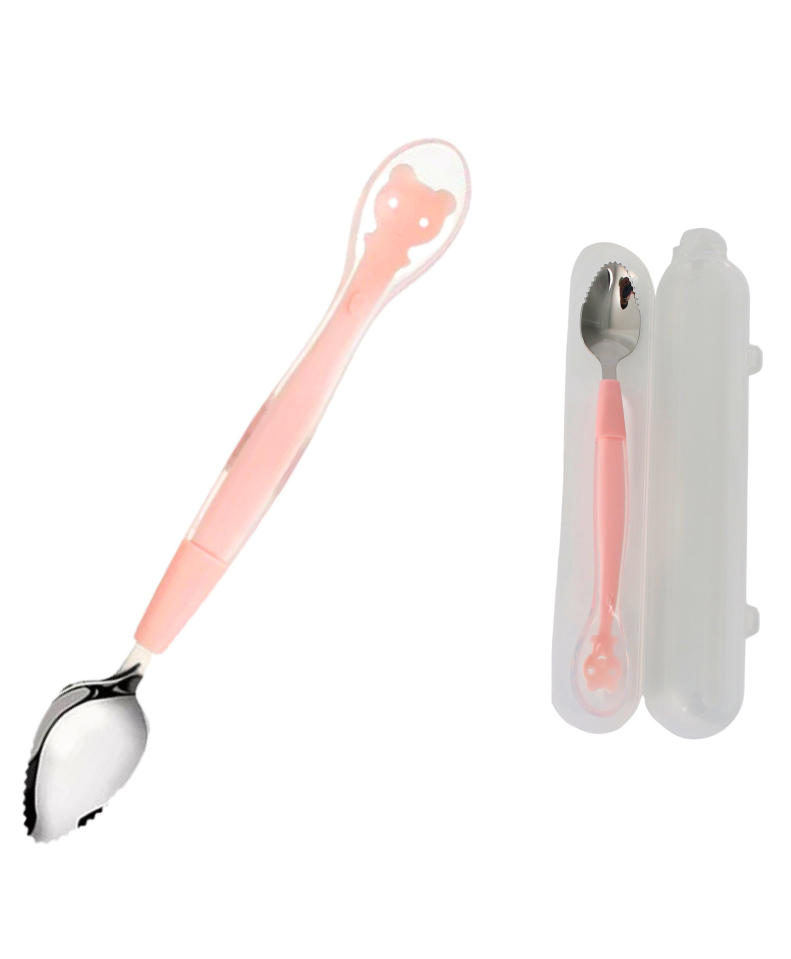 Zozobaa Double Head 2 in 1 Silicone Baby Soft Tip Spoon & Stainless Steel Fruit Scraper Spoon for Toddler |Multi-Use Bpa Free Fruit Scraping & Feeding Spoons with Travel Case Pink - 19.5 Cm-image-10