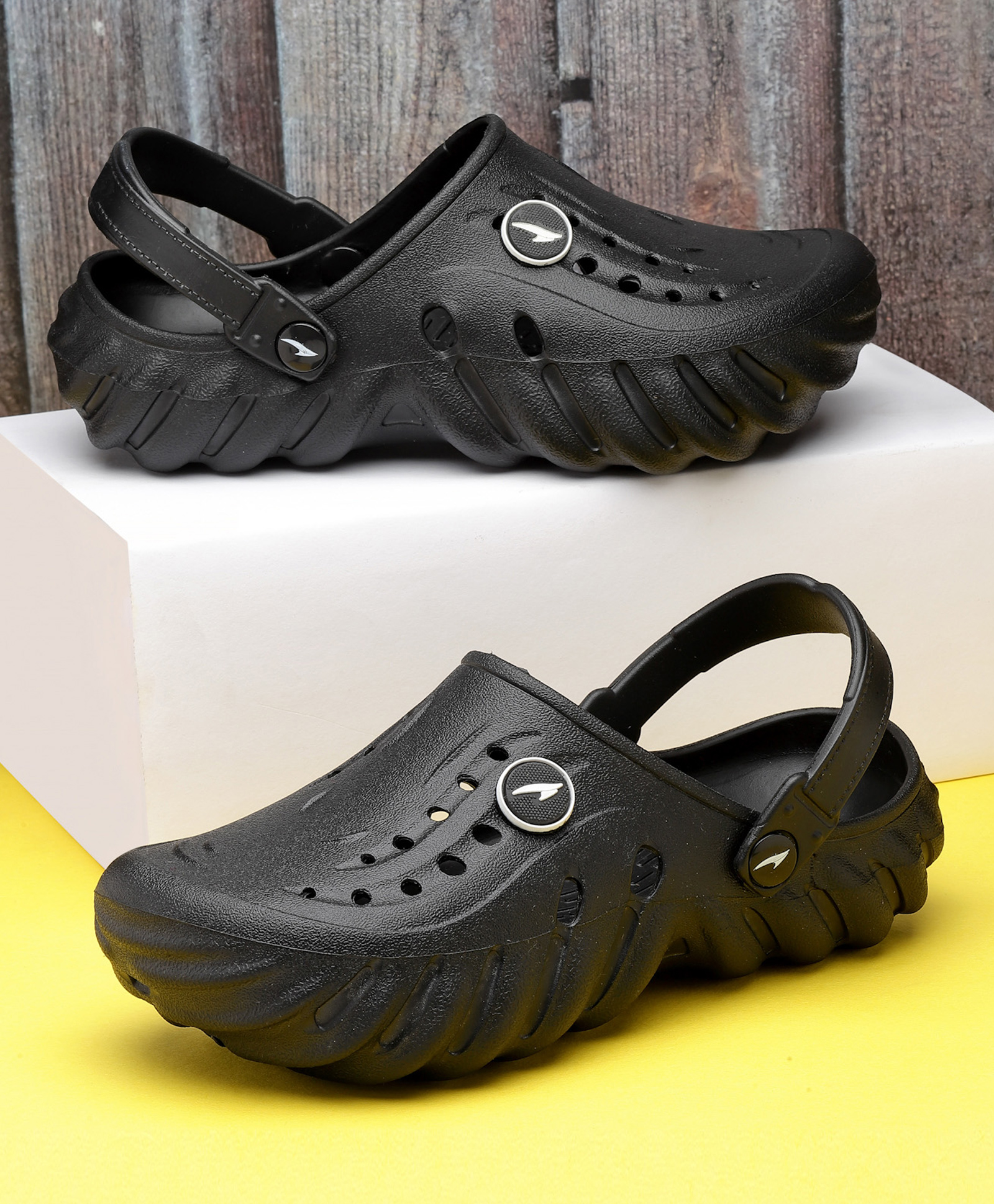 asian Solid With Back Strap Perforated Clogs - Black-image-26