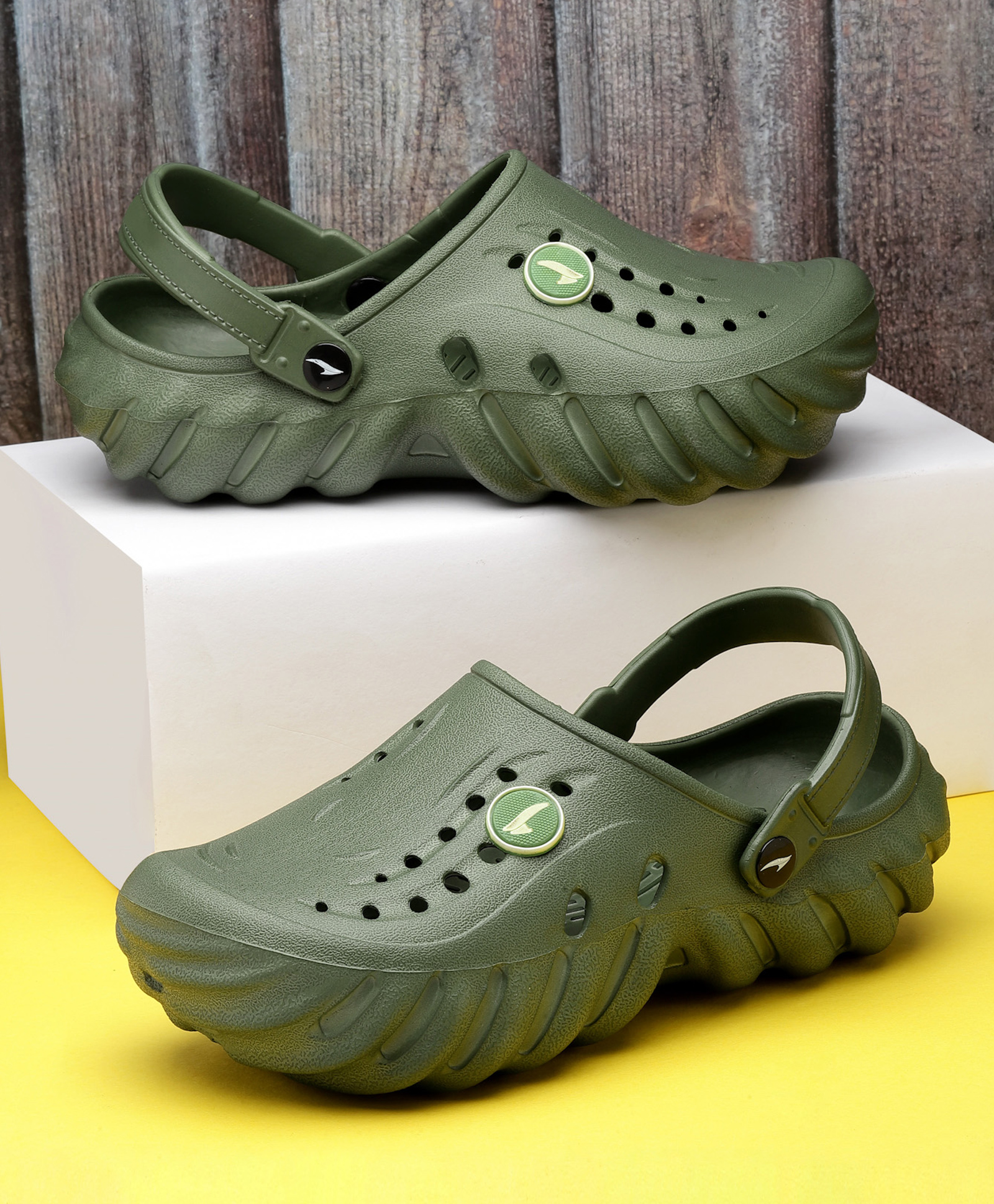 asian Solid With Back Strap Perforated Clogs - Olive-picture-23