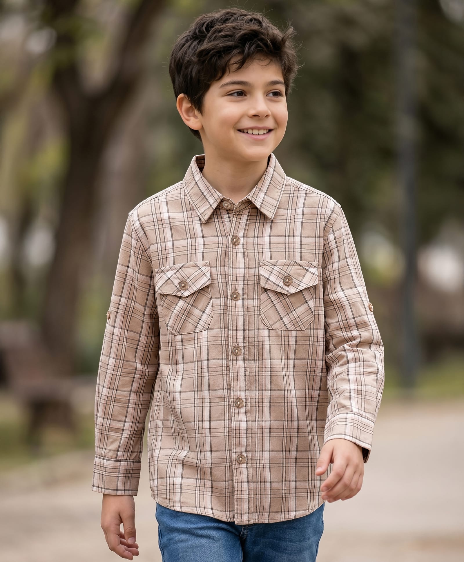 Kookie Kids Cotton Woven Full Sleeves Shirt With Checks - Beige-image-40