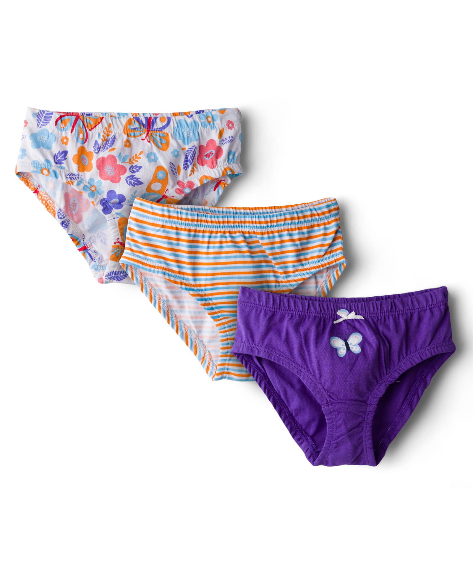 Kookie Kids Cotton Lycra Knit Panties with Stripes & Butterfly Print Pack of 3 - Purple & Blue-image-39