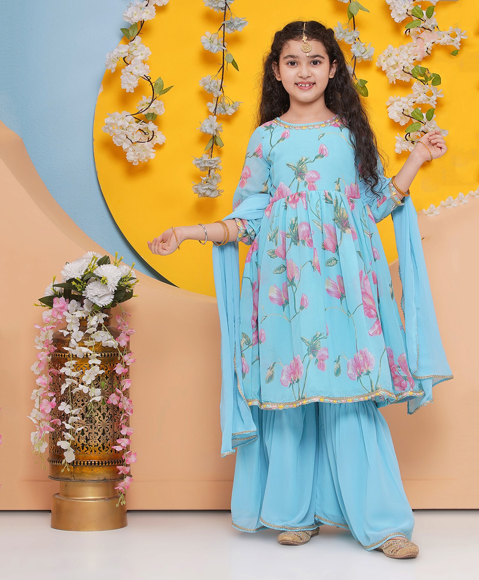 Bitiya By Bhama Georgette Woven Three Fourth Sleeves Floral Printed Gota Lace Embellished Anarkali Style Kurta Sharara With Dupatta Set - Blue-picture-11