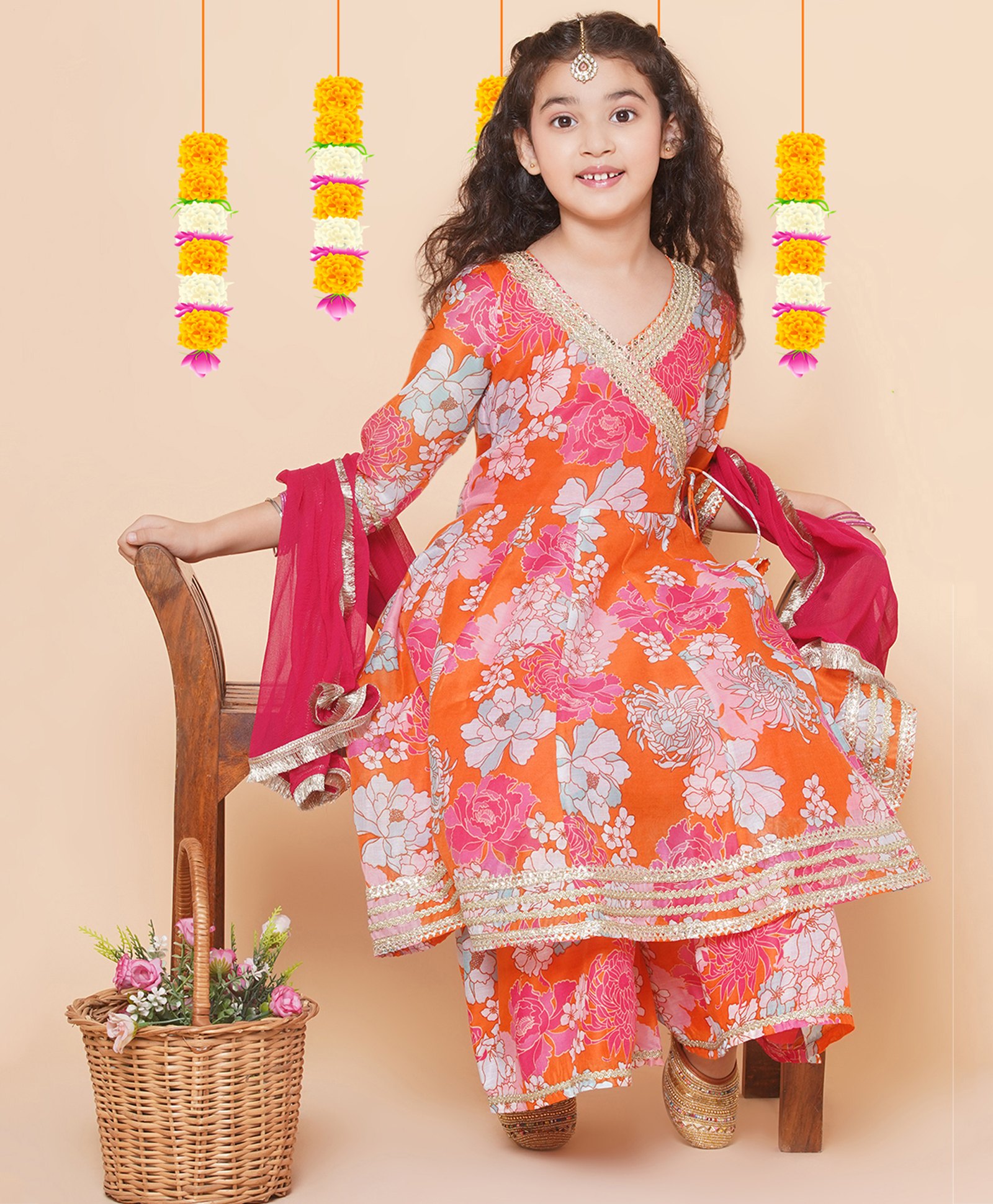 Bitiya By Bhama Silk Woven Three Fourth Sleeves Floral Printed Gota Lace Embellished Kurta Sharara With Dupatta Set - Orange-picture-13
