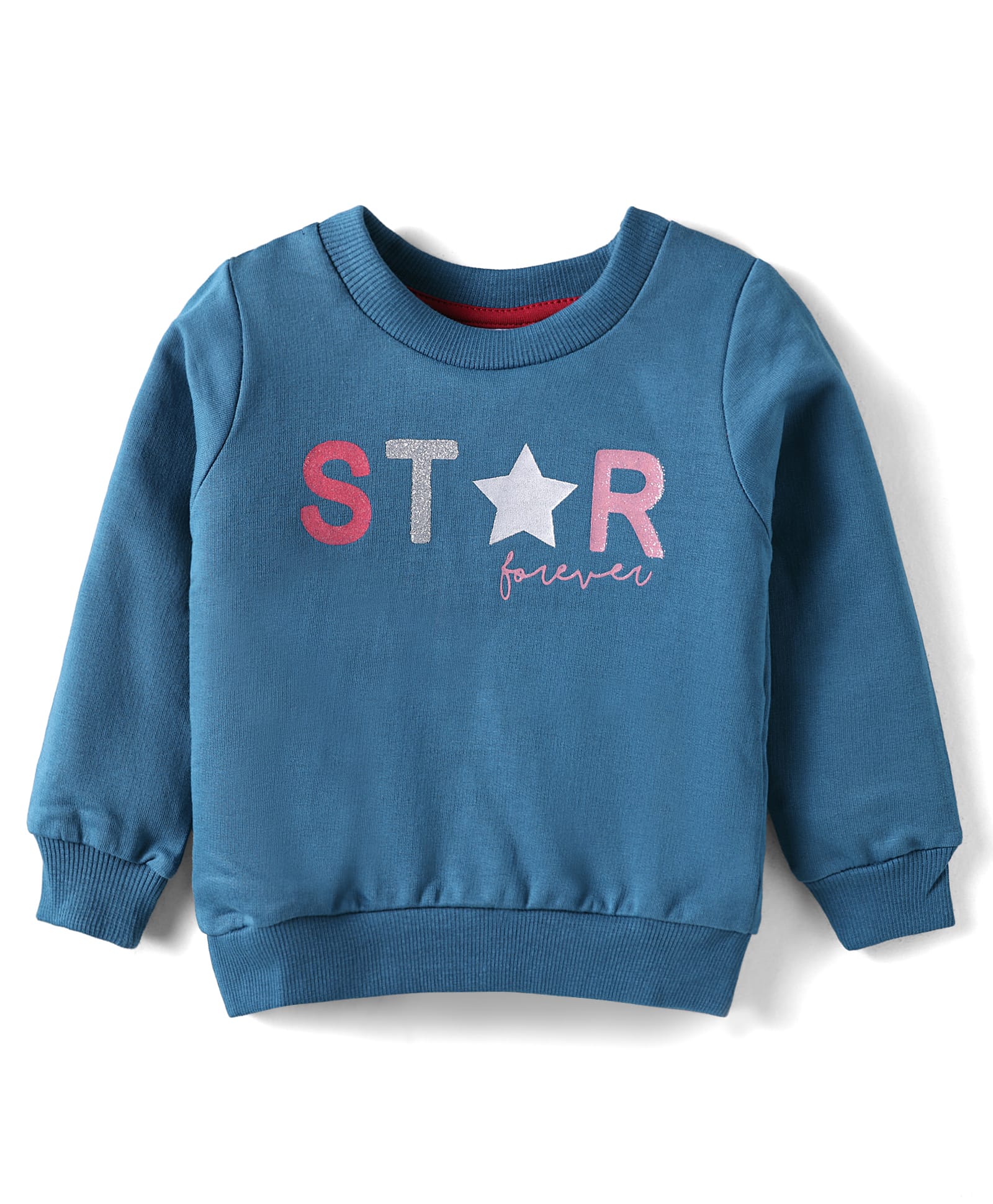 Simply Looper Knit Full Sleeves T-Shirt With Star Forever Text Print - Blue-image-4