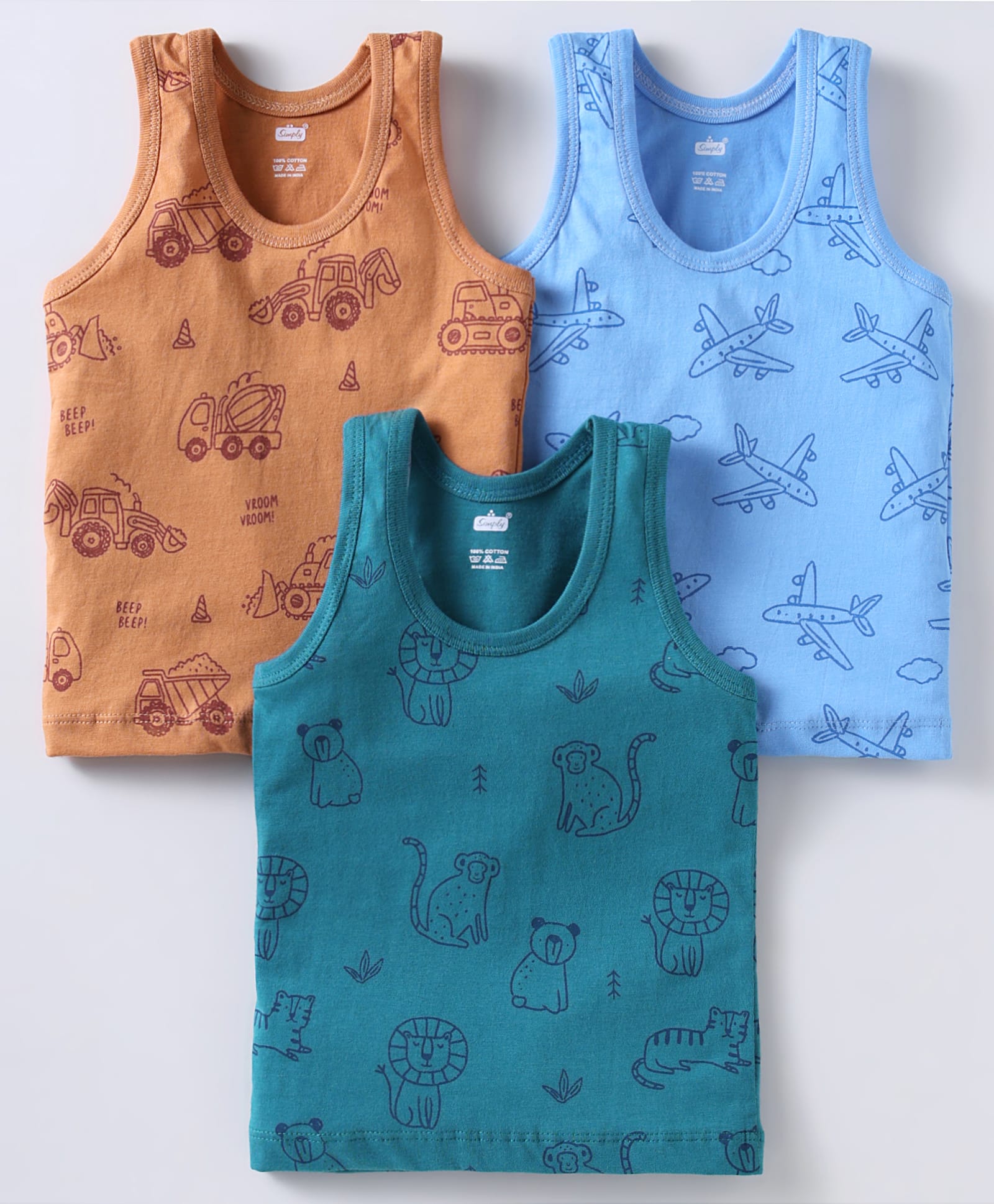 Simply Sinker Knit Sleeveless Vests With Animal & Vehicle Print Pack Of 3 - Blue Teal & Brown-picture-16